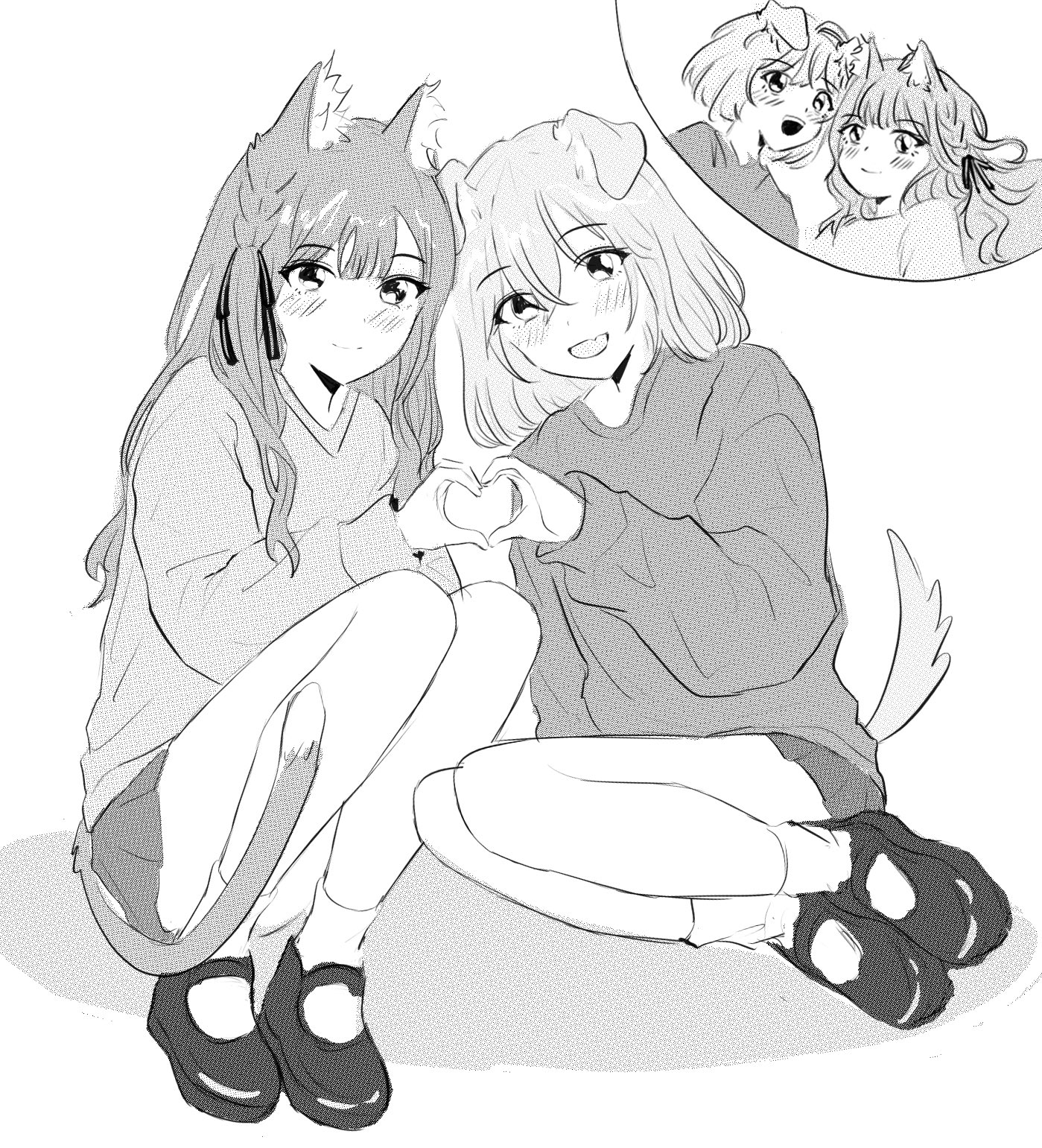 misumi uika, togawa sakiko, bang dream!, bang dream! it's mygo!!!!!, highres, 2girls, animal ears, blush, braid, cat ears, cat girl, cat tail, closed mouth, dog ears, dog girl, dog tail, fang, grey skirt, greyscale, heart, heart hands, heart hands duo, kemonomimi mode, long hair, long sleeves, medium hair, monochrome, multiple girls, open mouth, pleated skirt, skin fang, skirt, sweater, tail, uikays