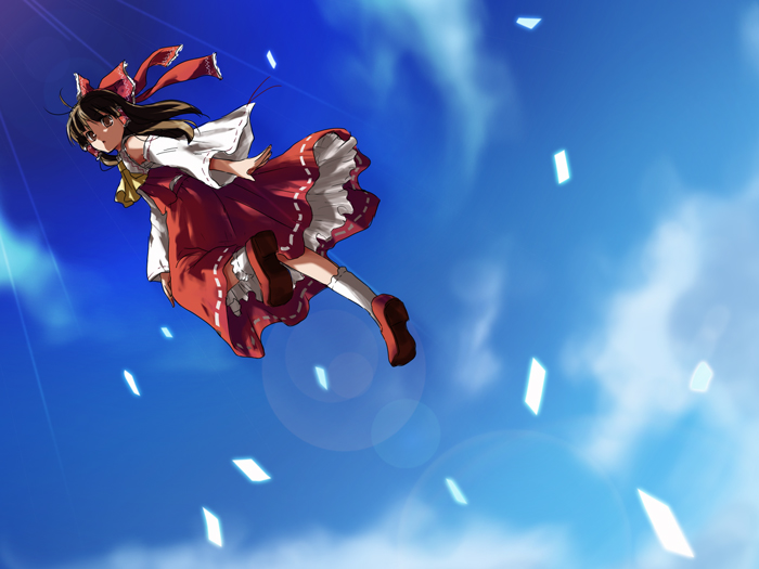 mizuki riko, hakurei reimu, touhou, bad id, bad pixiv id, 1girl, :o, bow, brown hair, female focus, flying, from below, hair bow, japanese clothes, lens flare, looking back, midair, miko, ofuda, ribbon, sky, solo