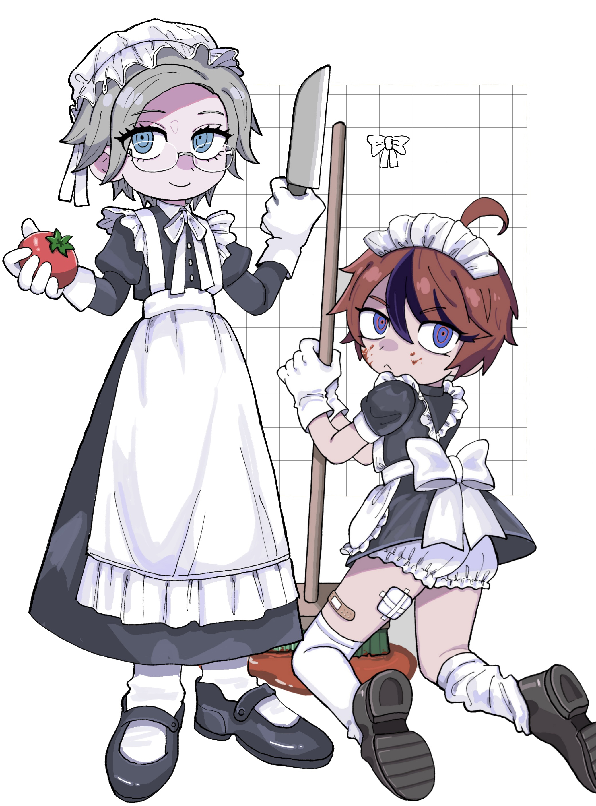 muro (nrvc5252), aotsuki eito, sumino takumi, the hundred line -last defense academy-, absurdres, highres, 2boys, ahoge, alternate costume, apron, back bow, bandaid, bandaid on leg, black dress, black shoes, black streaks, blood, blood on face, blue eyes, bow, broom, crossdressing, crossdressing (mtf), dress, enmaided, food, frills, gauze, gauze on leg, glasses, gloves, grey hair, holding, holding broom, holding food, holding knife, holding vegetable, juliet sleeves, kneeling, knife, long sleeves, looking at viewer, maid, maid apron, maid headdress, male focus, male maid, multicolored hair, multiple boys, neck ribbon, pool of blood, puffy short sleeves, puffy sleeves, red hair, ribbon, shoes, short hair, short sleeves, smile, streaked hair, thighhighs, tomato, vegetable, white apron, white background, white bow, white gloves, white ribbon, white thighhighs