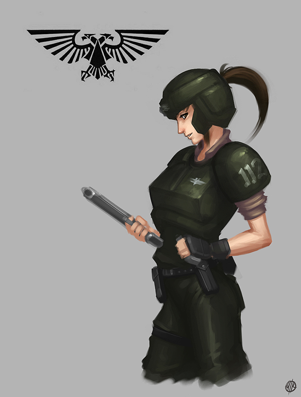 ironshrinemaiden, aquila, astra militarum, warhammer 40k, 1girl, armor, belt, brown eyes, brown hair, cadian, female focus, fingerless gloves, gloves, gun, handgun, helmet, pistol, ponytail, solo, tank top, weapon