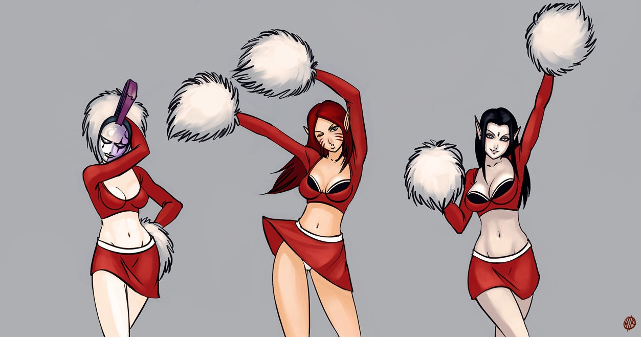 macha, eldar, harlequin (warhammer), macha (warhammer), taldeer, warhammer 40k, artist request, 3girls, black hair, breasts, cheerleader, cleavage, elf, large breasts, long hair, mask, midriff, miniskirt, multiple girls, one eye closed, panties, pointy ears, red hair, skirt, underwear