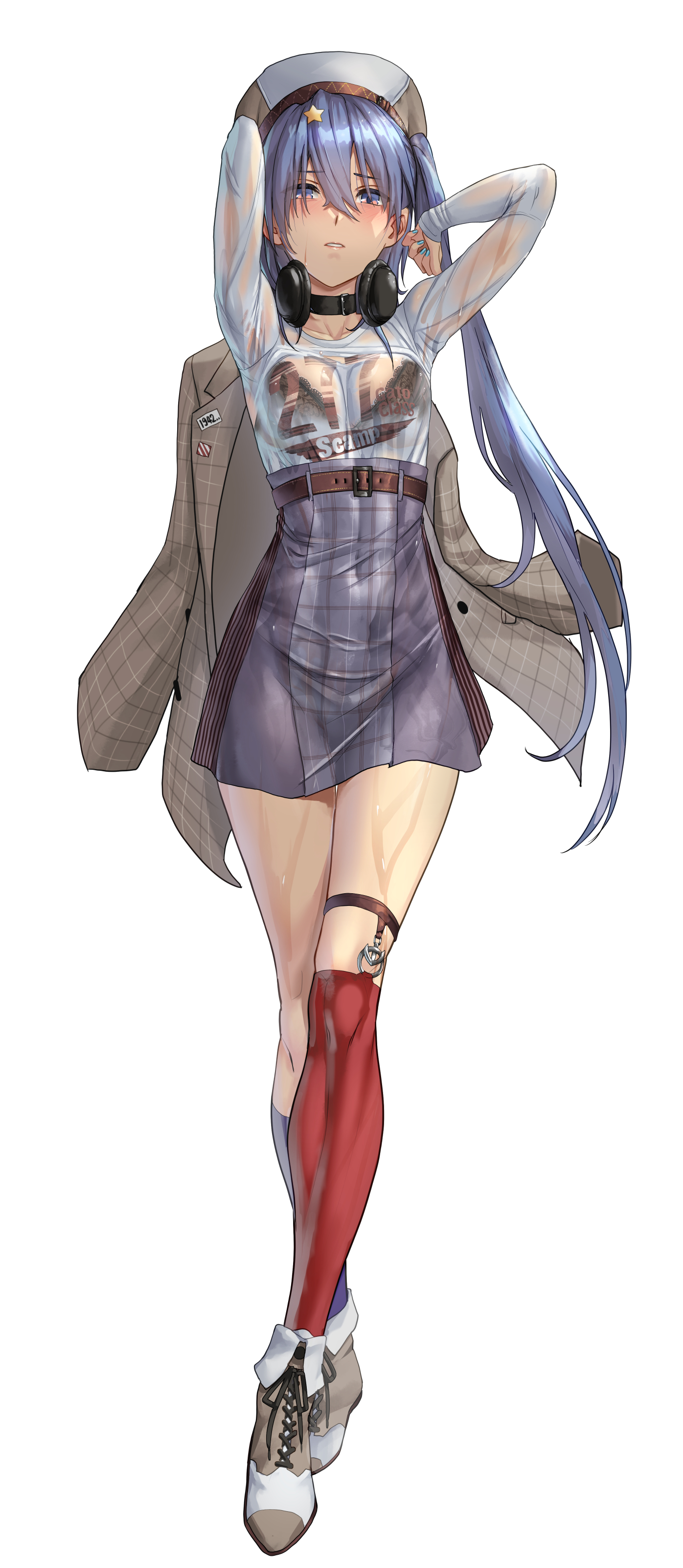 kokuzou, scamp (kancolle), scamp (zuiun festival) (kancolle), kantai collection, absurdres, commentary request, highres, 1girl, black choker, blue eyes, blue hair, boots, breasts, choker, cleavage, coat, covered navel, headphones, high-waist skirt, looking at viewer, medium breasts, official alternate costume, open mouth, see-through clothes, shirt, skindentation, skirt, solo, standing, thigh strap, wet, wet clothes, white background, white shirt