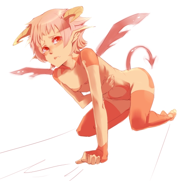 aguhari, bad id, bad pixiv id, demon girl, flat chest, horns, kneeling, pink hair, pointy ears, red eyes, short hair, solo, tail, tears, thighhighs, wings