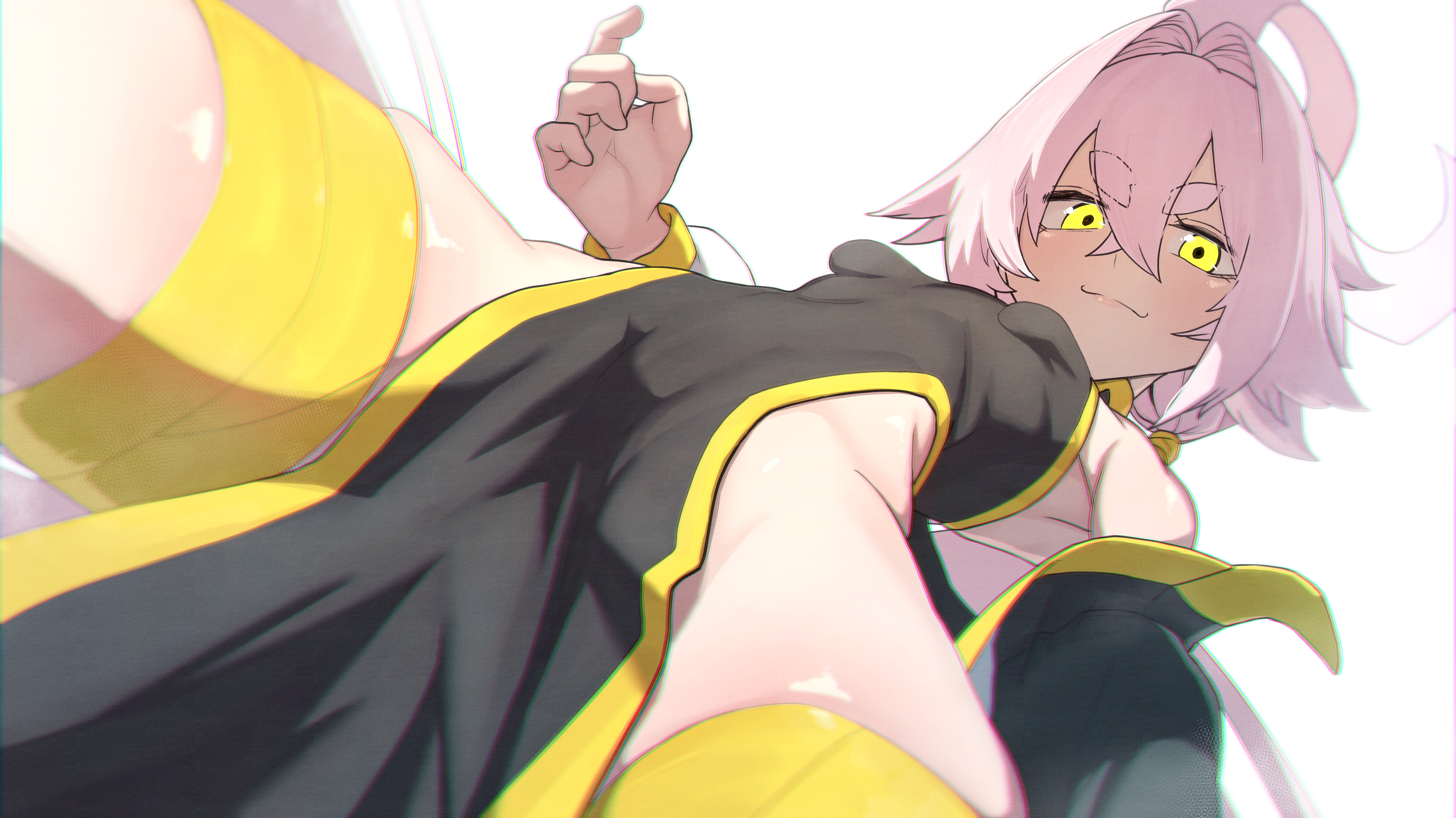 sawtatsu, rikudo yayoi, original, absurdres, highres, 1girl, black dress, blush, breasts, china dress, chinese clothes, dress, from below, long hair, looking at viewer, low twintails, no panties, pelvic curtain, pink hair, side slit, simple background, small breasts, smile, solo, thigh strap, twintails, very long hair, white background, yellow eyes
