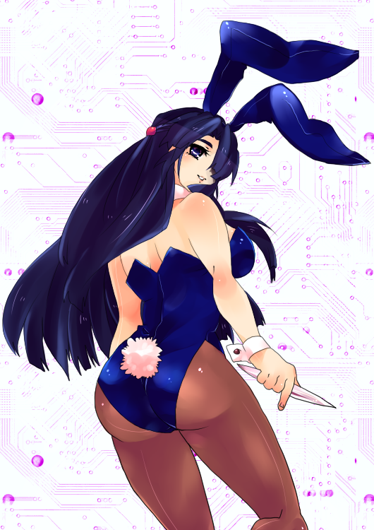 tashimo, asakura ryoko, suzumiya haruhi no yuuutsu, 00s, animal ears, ass, blue hair, fake animal ears, knife, leotard, pantyhose, playboy bunny, rabbit ears, solo