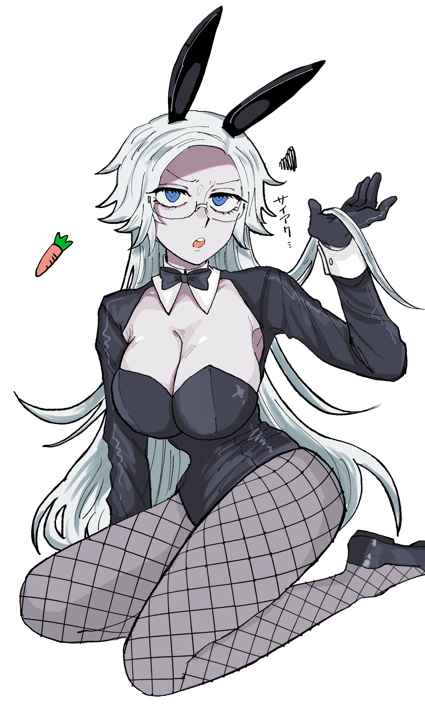 muro (nrvc5252), aotsuki eito, the hundred line -last defense academy-, absurdres, highres, 1girl, :o, animal ears, black leotard, black shoes, black shrug, bow, bowtie, breasts, carrot, cleavage, fishnet pantyhose, fishnets, genderswap, genderswap (mtf), glasses, grey hair, hand up, holding, holding own hair, kemonomimi mode, kneeling, large breasts, leotard, long hair, looking at viewer, pantyhose, playboy bunny, rabbit ears, rabbit girl, shoes, shrug (clothing), simple background, solo, squiggle, strapless, strapless leotard, teeth, upper teeth only, white background, white sleeve cuffs