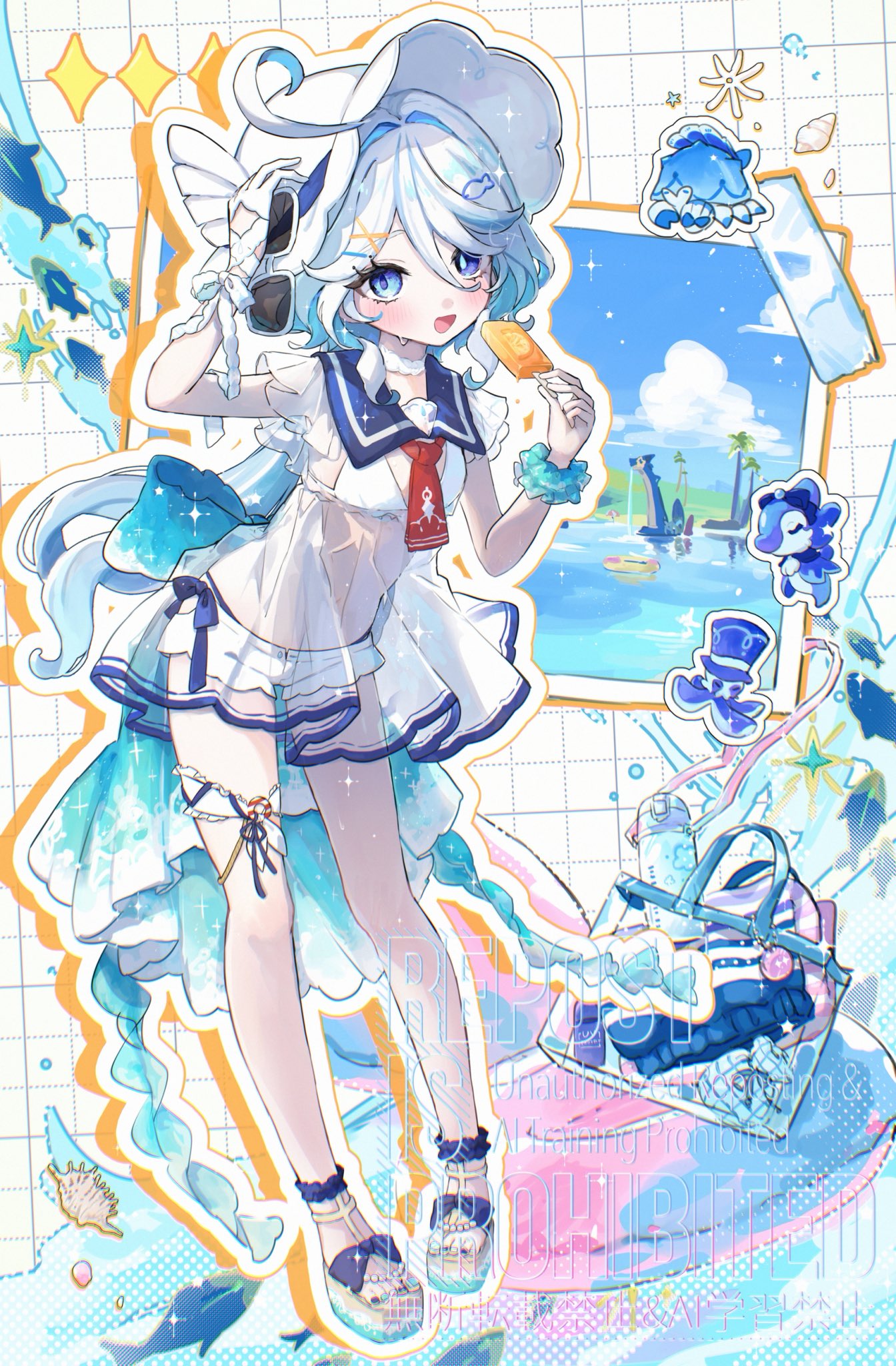 etmachigaeatx, furina (genshin impact), genshin impact, highres, 1girl, bikini, blue eyes, blue hair, blue sky, choker, cloud, dress, food, grid background, hair between eyes, hair ornament, hat, holding, holding food, holding popsicle, long hair, looking at viewer, mismatched pupils, multicolored hair, navel, open mouth, popsicle, scrunchie, see-through clothes, see-through dress, shorts, sky, smile, streaked hair, swimsuit, white bikini, white choker, white shorts, wrist scrunchie
