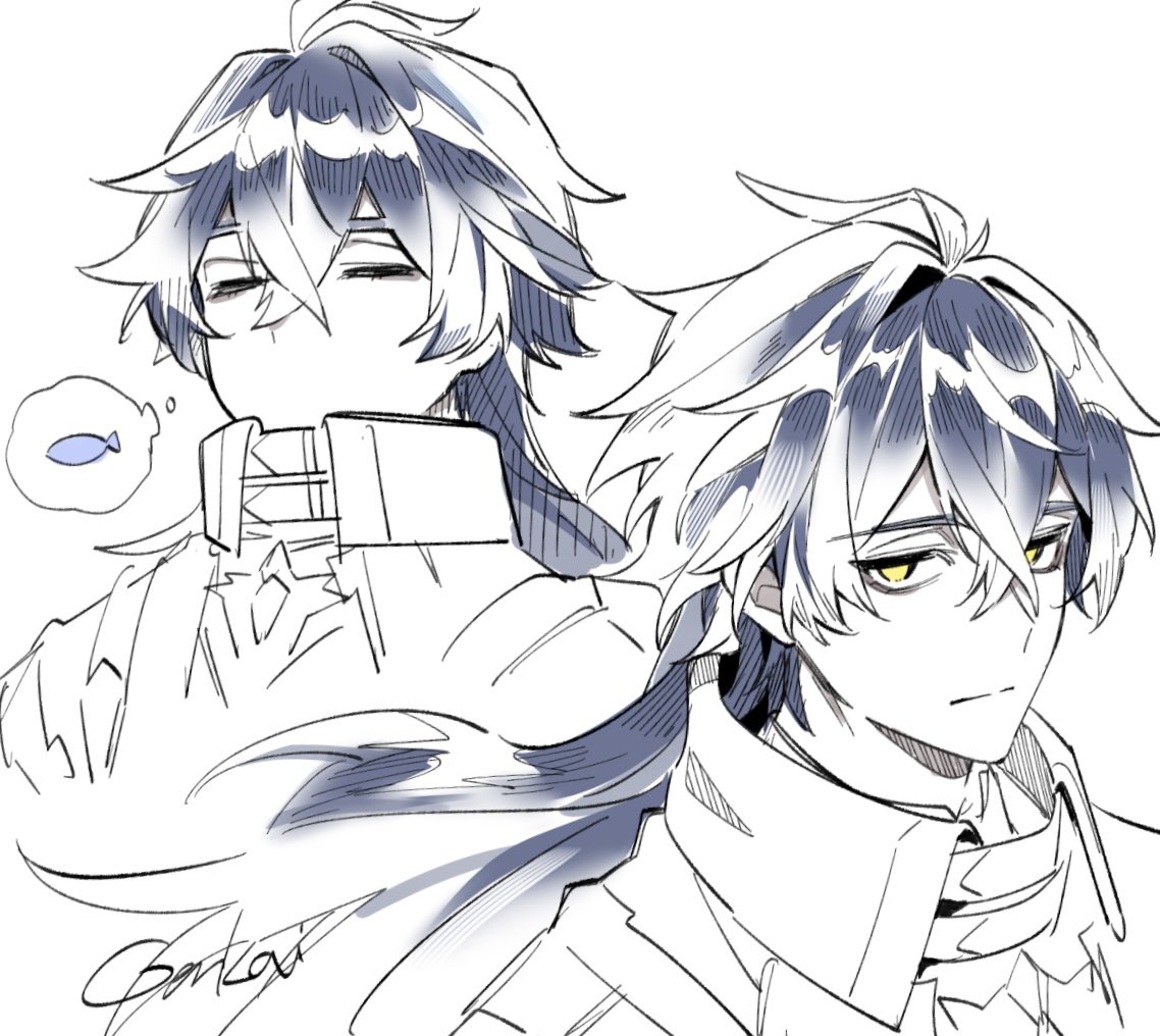 flins (genshin impact), genshin impact, 1boy, :|, antenna hair, belt collar, closed eyes, closed mouth, collar, collared coat, cropped shoulders, crossed bangs, double-parted bangs, empty eyes, fish, genkai ub3, hair between eyes, high collar, image in thought bubble, long hair, looking at viewer, male focus, multiple views, sanpaku, simple background, sketch, speech bubble, thought bubble, white background, wing collar, yellow eyes