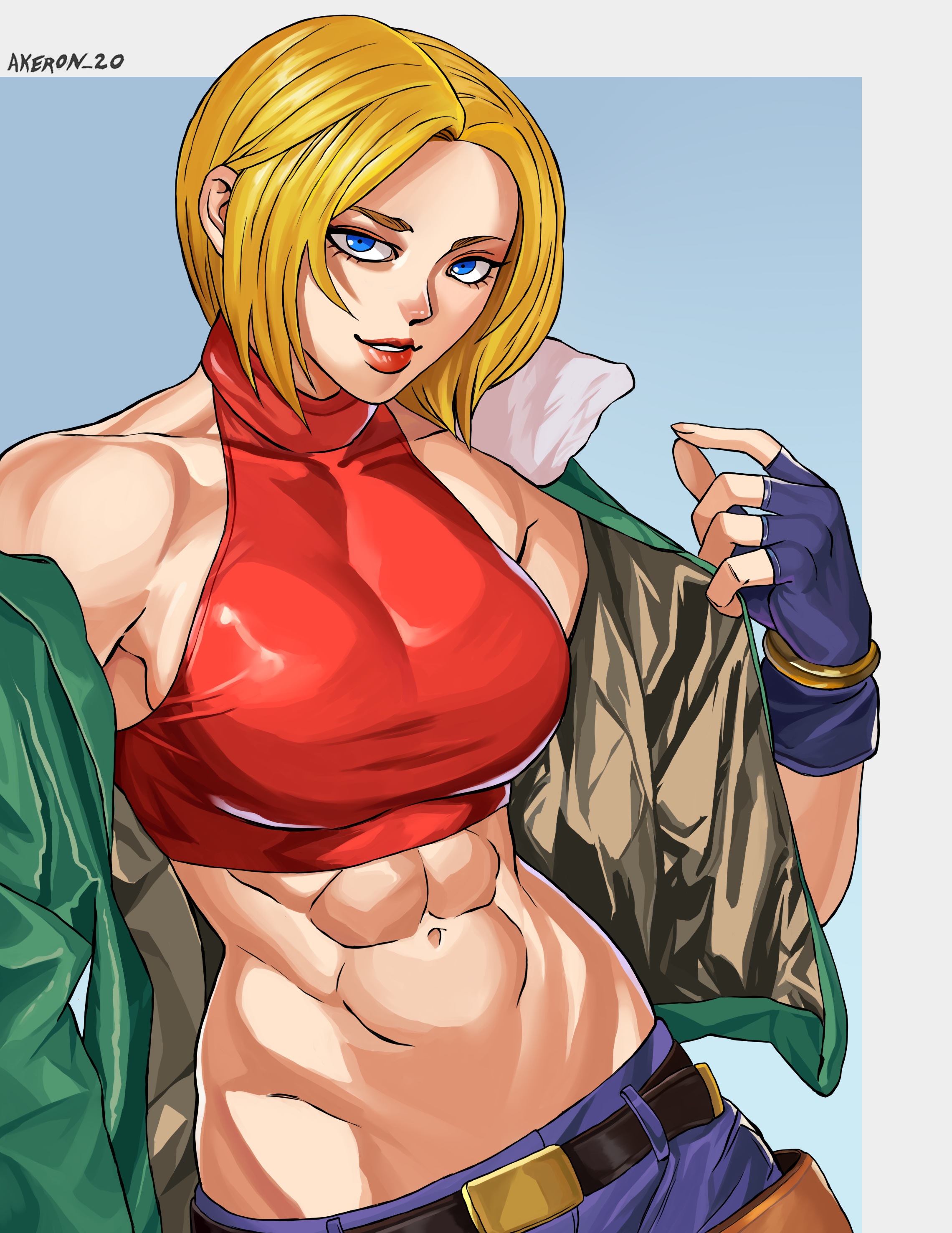 blue mary, fatal fury, absurdres, highres, 1girl, abs, akeron 20, bare shoulders, blonde hair, breasts, broad shoulders, crop top, eyeliner, fingerless gloves, gloves, green jacket, jacket, looking at viewer, makeup, medium breasts, muscular, muscular female, red lips, short hair, simple background