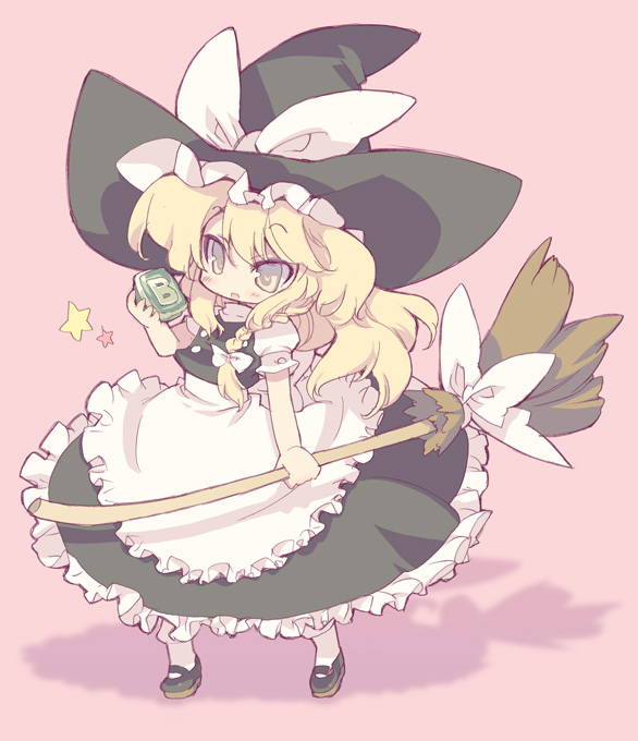 blade (galaxist), kirisame marisa, touhou, bad id, bad pixiv id, 1girl, apron, blonde hair, bow, braid, broom, female focus, gameplay mechanics, hair bow, hat, long hair, power-up, side braid, simple background, solo, standing, star (symbol), waist apron, witch, witch hat, yellow eyes