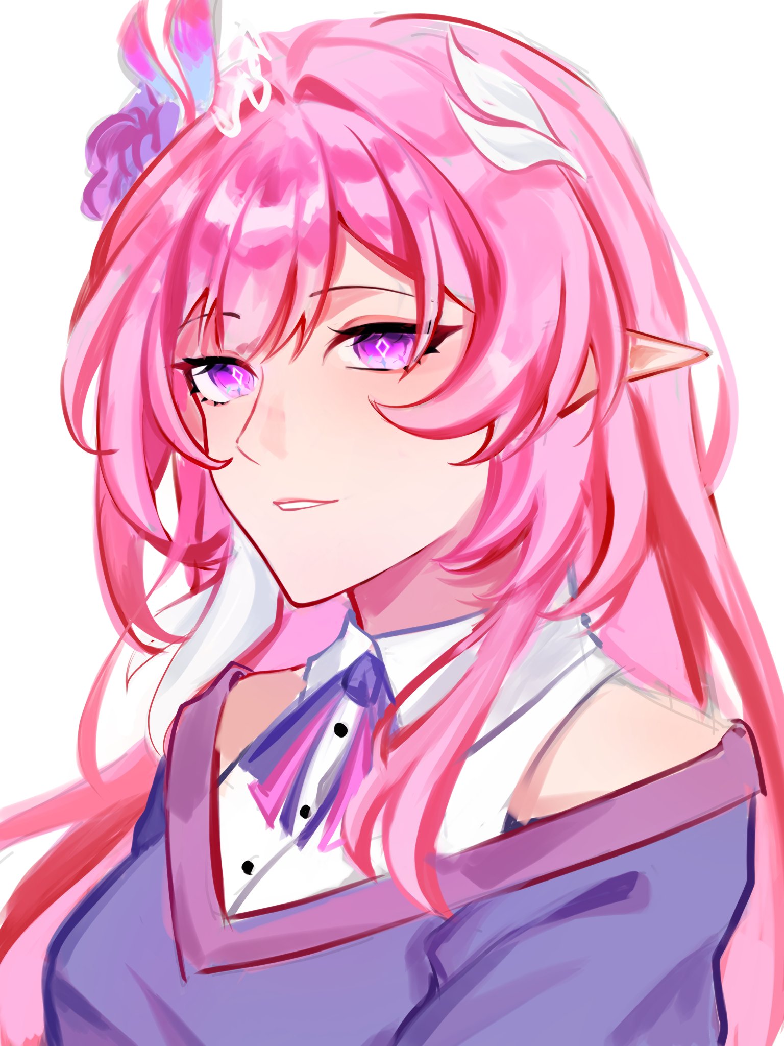 cyrene (honkai: star rail), cyrene (ripples of past reverie) (honkai: star rail), honkai: star rail, honkai (series), commentary, highres, symbol-only commentary, 1girl, alternate costume, asarisa, breasts, diamond-shaped pupils, diamond (shape), flower, hair flower, hair ornament, long hair, medium breasts, multicolored hair, pink hair, pointy ears, purple eyes, purple sweater, shirt, simple background, solo, sweater, symbol-shaped pupils, two-tone hair, upper body, very long hair, white background, white hair, white shirt
