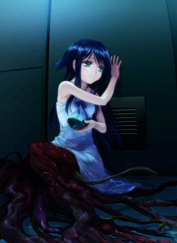 saya (saya no uta), saya no uta, 1girl, bad end, cellphone, dress, female focus, green eyes, green hair, long hair, matching hair/eyes, phone, solo, sundress, tears, tentacles