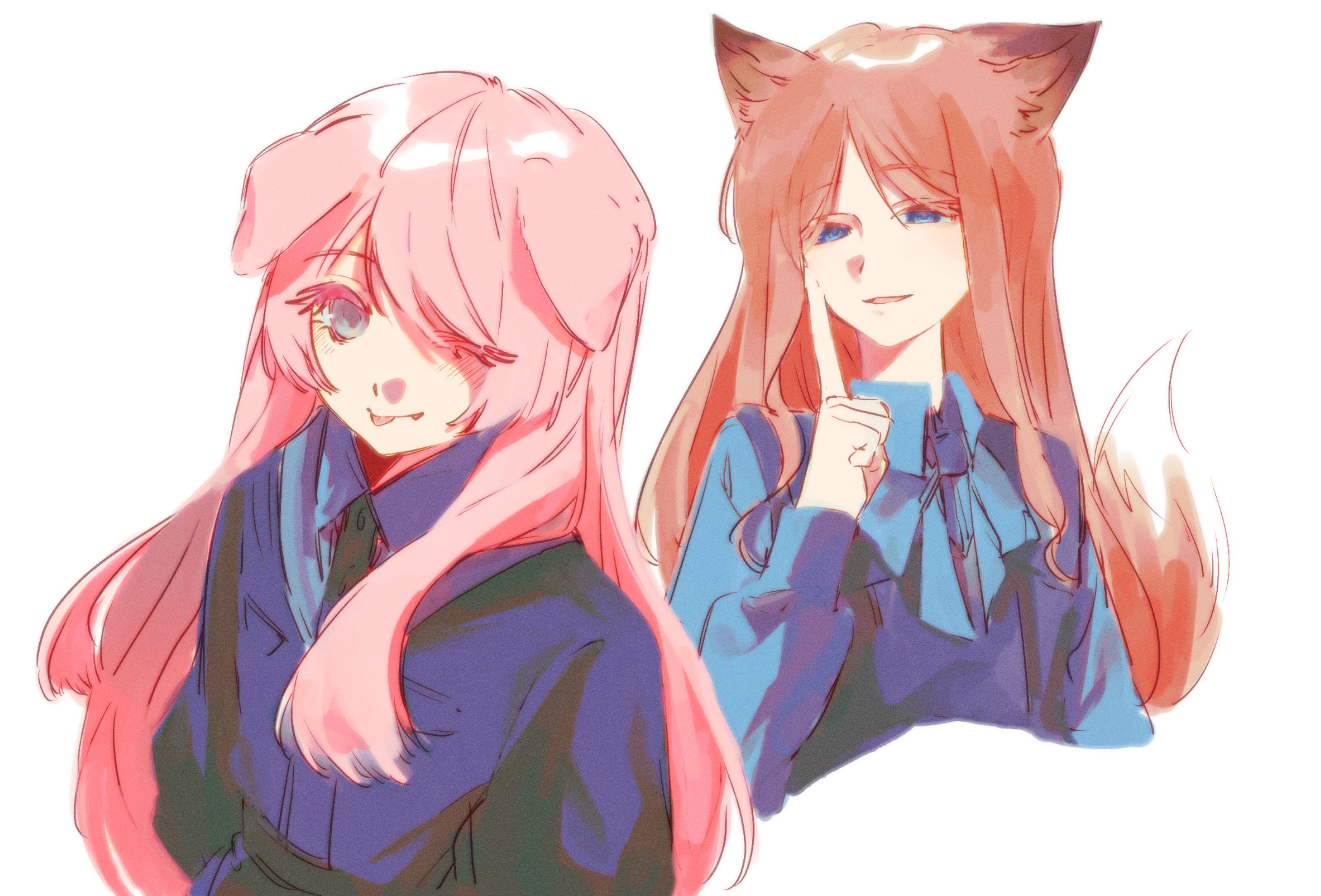 chihaya anon, nagasaki soyo, bang dream!, bang dream! it's mygo!!!!!, commentary, highres, 2girls, animal ears, blue eyes, blue shirt, blush, dog ears, dog girl, dress shirt, fang, fox ears, fox girl, fox tail, geosmichi77, grey eyes, kemonomimi mode, looking at viewer, multiple girls, one eye closed, open mouth, shirt, simple background, tail, tongue, tongue out, white background