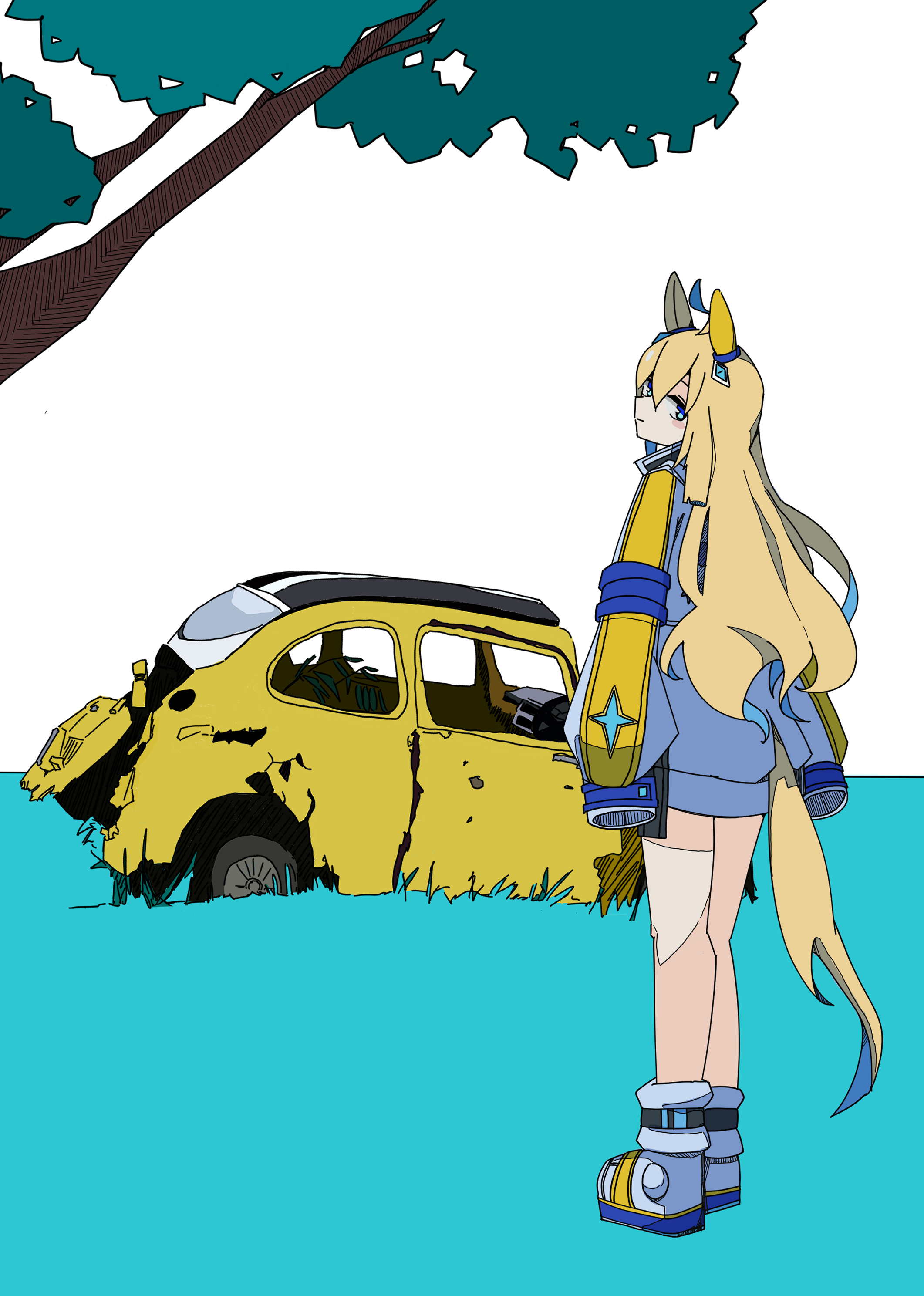 sudzume, neo universe (umamusume), subaru (brand), umamusume, absurdres, highres, textless version, 1girl, abandoned, ahoge, animal ears, arms at sides, blonde hair, blue eyes, boots, broken, car, coat, colored inner hair, grass, hair ornament, horse ears, horse girl, horse tail, long hair, looking at viewer, looking back, motor vehicle, multicolored hair, neo universe (universe-naut) (umamusume), sleeves past fingers, sleeves past wrists, solo, standing, subaru 360, tail, tree, white boots, white coat
