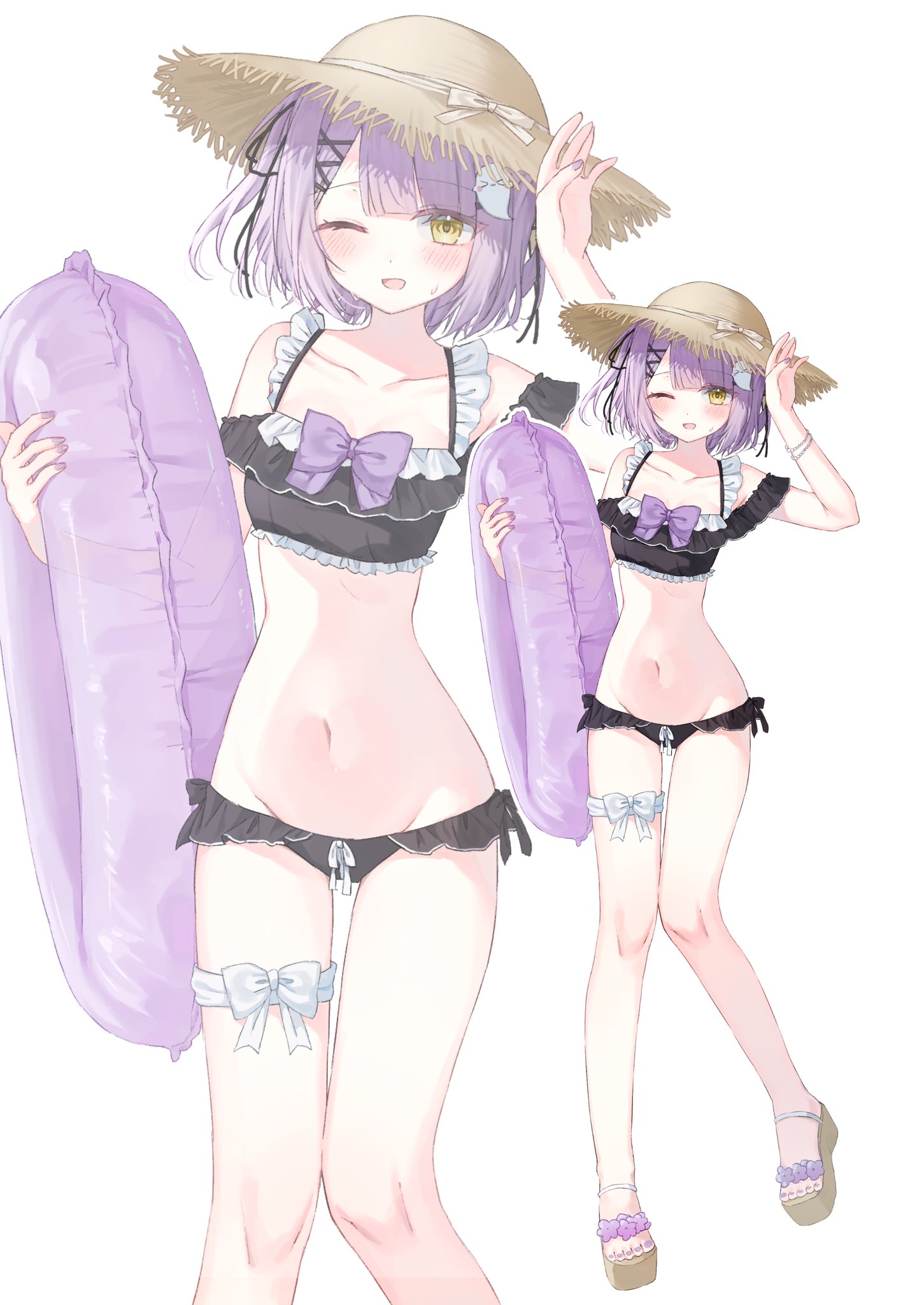 riri (ri0177), shinomiya runa, vspo!, highres, 1girl, bikini, black bikini, blush, bow, breasts, frilled bikini, frills, hair ornament, hand on headwear, hat, holding, holding swim ring, innertube, looking at viewer, navel, off-shoulder bikini, off shoulder, one eye closed, open mouth, purple bow, purple hair, ribbon, short hair, simple background, smile, straw hat, sun hat, swim ring, swimsuit, two side up, virtual youtuber, white background, x hair ornament, yellow eyes, zoom layer