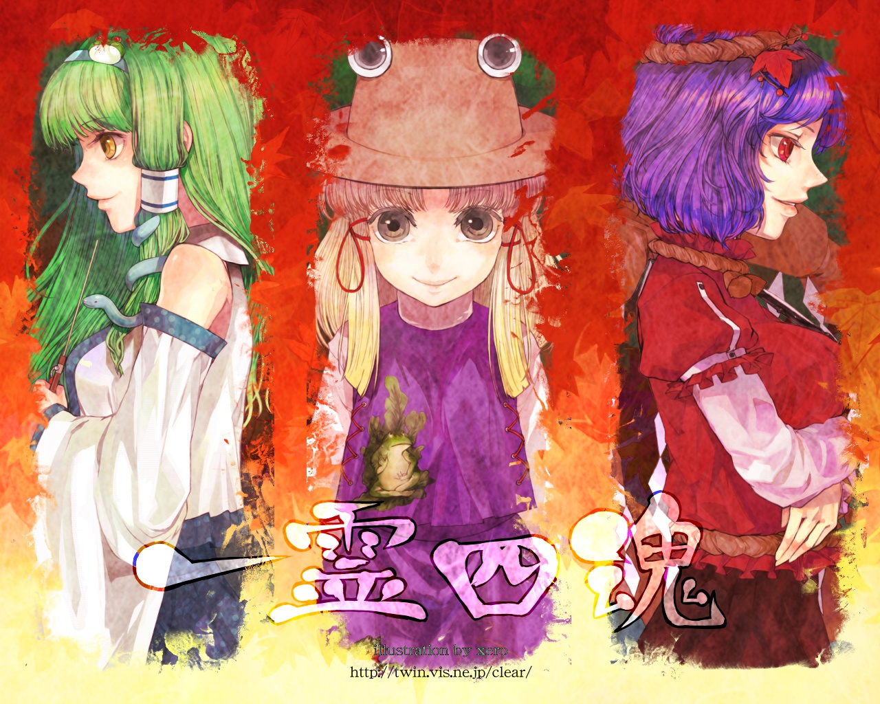 xero, kochiya sanae, moriya suwako, yasaka kanako, touhou, 3girls, blonde hair, brooch, brown eyes, detached sleeves, dress, extra eyes, female focus, gem, hair ornament, hat, jewelry, leaf hair ornament, long sleeves, looking at viewer, multiple girls, nontraditional miko, profile, purple dress, purple hair, red dress, red eyes, short hair, upper body