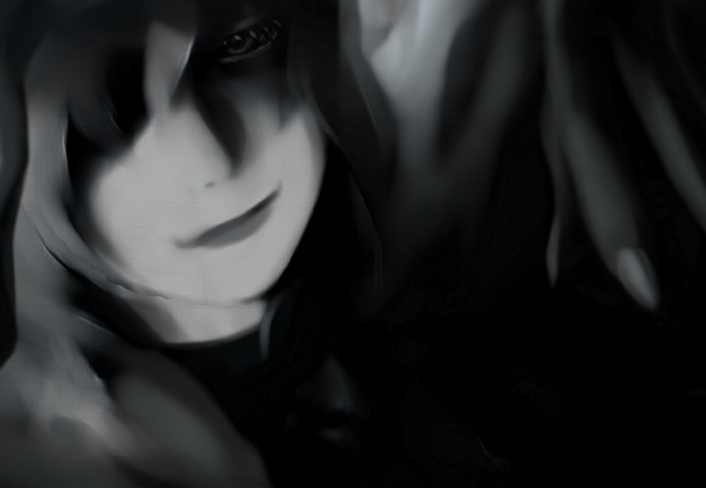 futon (kitsune tsuki), kitsune tsuki, yakumo yukari, touhou, 1girl, dark, female focus, greyscale, monochrome, solo