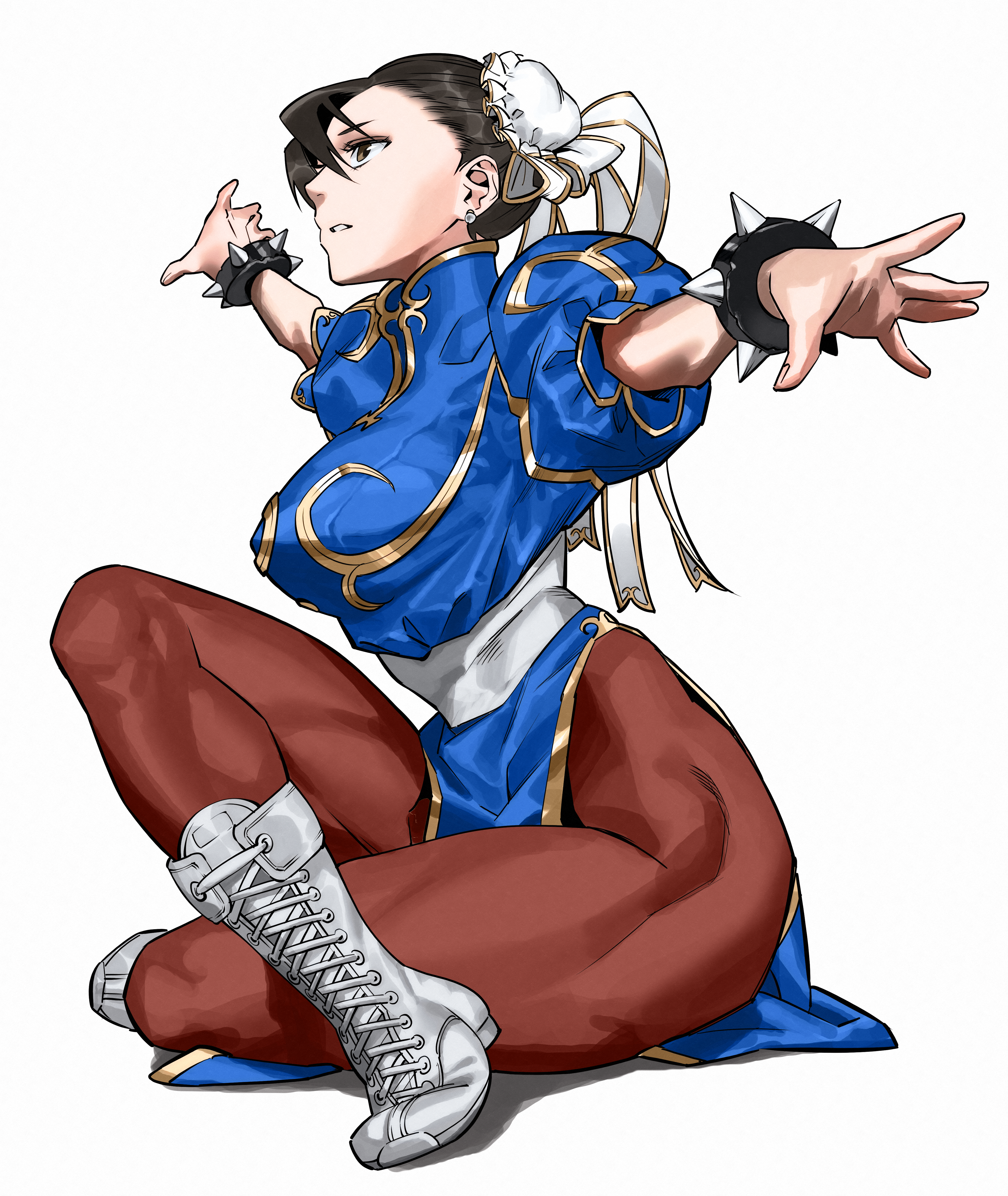hei taiyou, chun-li, capcom, street fighter, street fighter ii (series), absurdres, highres, 1girl, arms up, boots, bracelet, brown hair, bun cover, china dress, chinese clothes, double bun, dress, fighting stance, full body, hair bun, jewelry, lace-up boots, pantyhose, pelvic curtain, sash, simple background, sitting, solo, spiked bracelet, spikes, toned, toned female, white boots, white sash