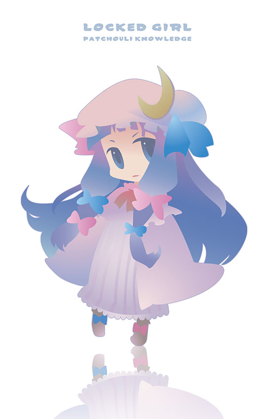 inuinui, patchouli knowledge, touhou, 1girl, bow, chibi, crescent, female focus, hair bow, hat, long hair, multiple hair bows, purple eyes, purple hair, reflection, solo