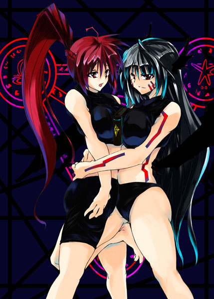 reinforce, signum, lyrical nanoha, mahou shoujo lyrical nanoha, mahou shoujo lyrical nanoha a's, silver hair, 00s, barefoot, facial mark, head wings, hug, long hair, magic circle, midriff, ponytail, red eyes, red hair, wings