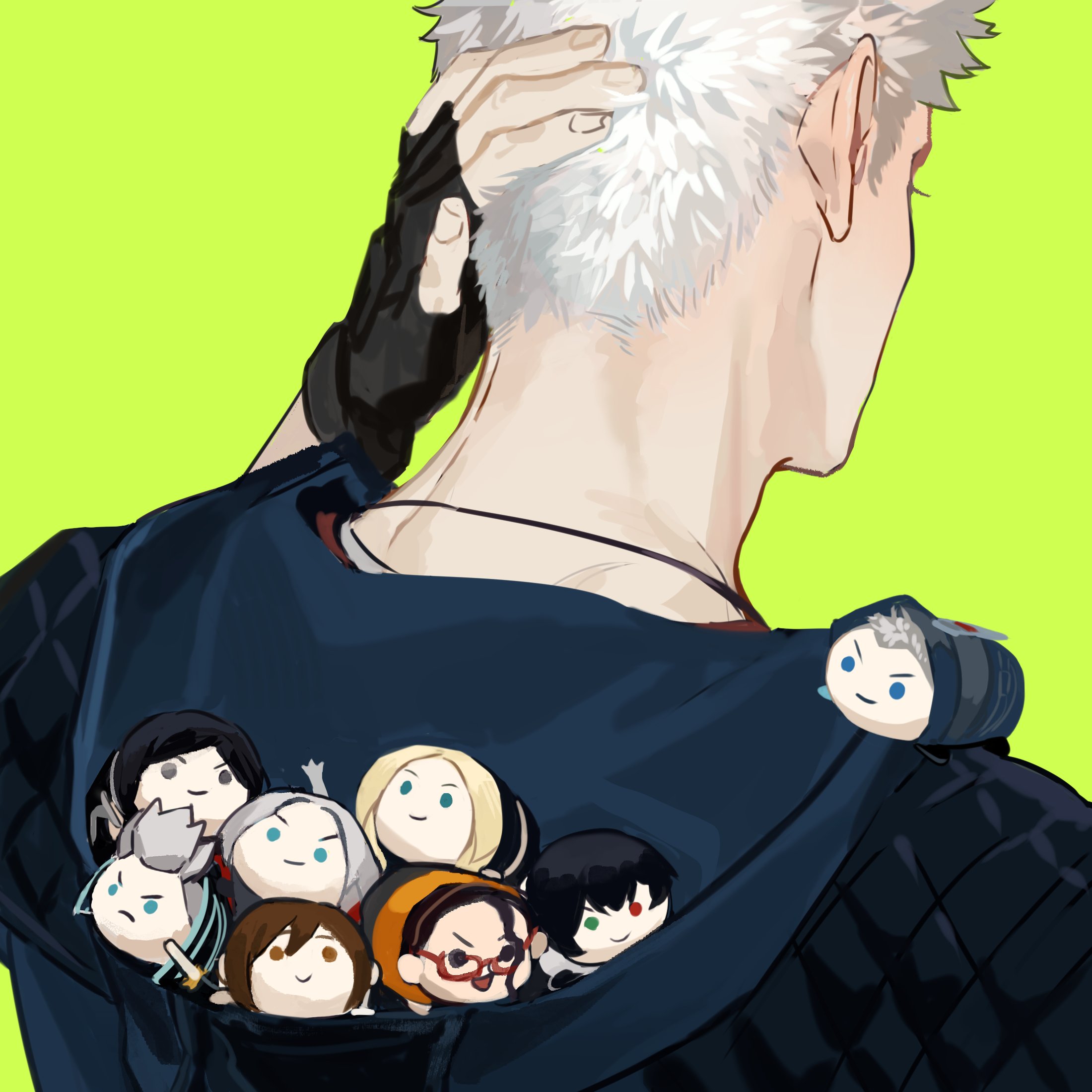 dante (devil may cry), kyrie (devil may cry), lady (devil may cry), nero (devil may cry), nico (devil may cry), trish (devil may cry), v (devil may cry), vergil (devil may cry), devil may cry (series), devil may cry 5, highres, arm up, black gloves, black hair, black jacket, blonde hair, blue eyes, brown eyes, brown hair, character doll, closed mouth, doll, fingerless gloves, fingernails, from behind, frown, glasses, gloves, green background, heterochromia, hood, hood basket, hooded jacket, jacket, klm066052, male focus, on shoulder, open mouth, red-framed eyewear, red eyes, short hair, sideburns, smile, upper body, v-shaped eyebrows, white hair