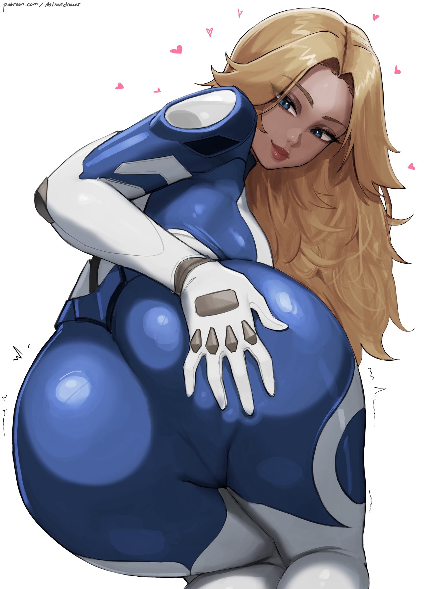 aelion draws, sue storm, fantastic four, marvel, marvel rivals, highres, 1girl, artist name, ass, bent over, blonde hair, blue eyes, bodysuit, cameltoe, eyelashes, eyeshadow, hand on own ass, heart, kneeling, lips, long hair, looking at viewer, looking back, makeup, patreon username, solo, two-tone bodysuit, uncensored