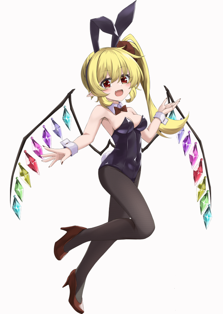 akisome hatsuka, flandre scarlet, touhou, 1girl, animal ears, armpits, ascot, bat wings, black leotard, blonde hair, breasts, cleavage, covered navel, crystal, crystal wings, detached collar, fake animal ears, hat, leotard, long hair, looking at viewer, multicolored wings, one side up, open mouth, pantyhose, playboy bunny, rabbit ears, red eyes, side ponytail, skirt, skirt set, small breasts, smile, solo, strapless, strapless leotard, white wrist cuffs, wings, wrist cuffs