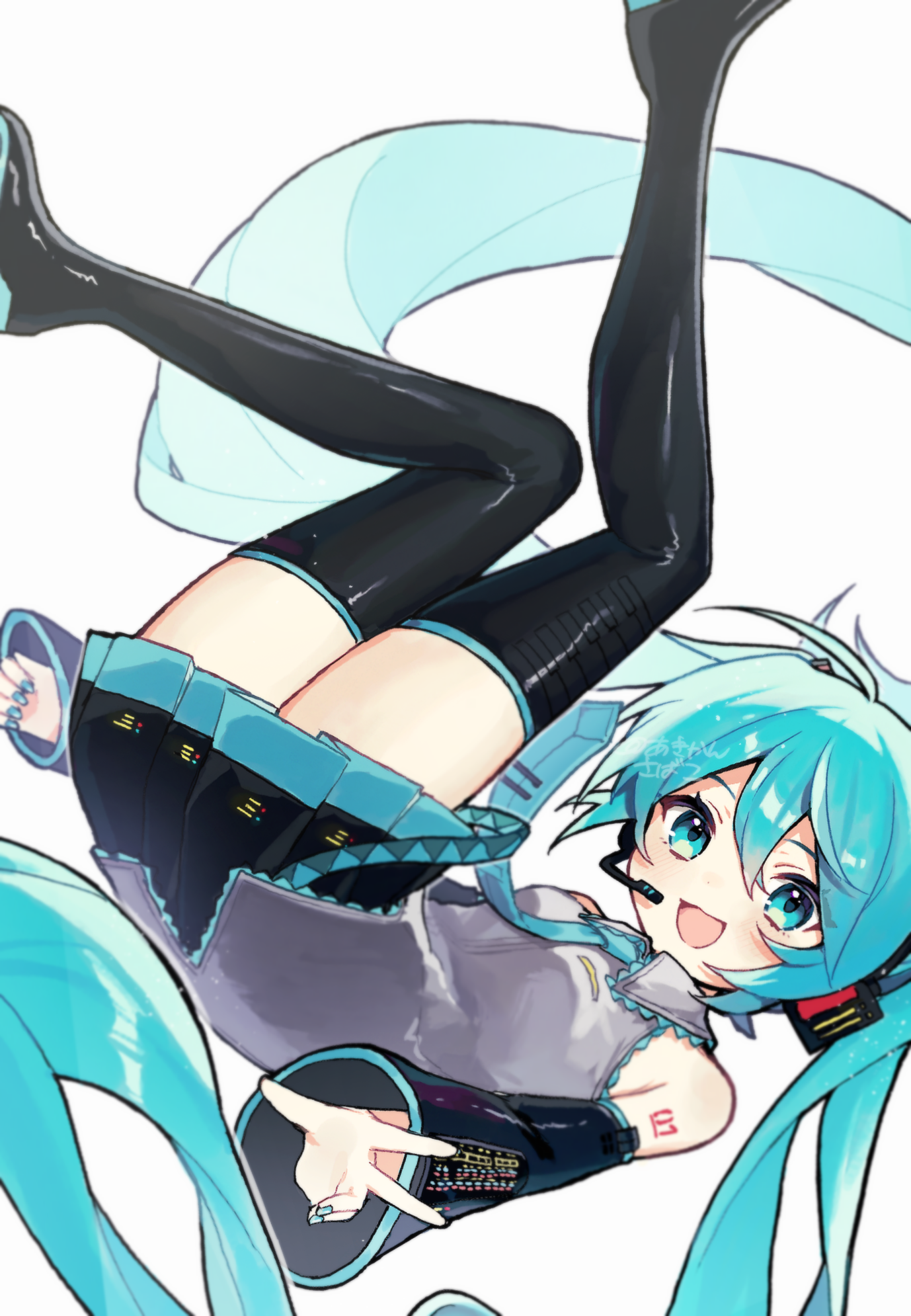 akikan sabako, hatsune miku, vocaloid, commentary, highres, 1girl, :3, :d, bare shoulders, black boots, black skirt, black sleeves, blue eyes, blue hair, blue nails, blue necktie, blush, boots, collared shirt, detached sleeves, feet out of frame, grey shirt, long hair, long sleeves, looking at viewer, miniskirt, nail polish, necktie, number tattoo, open mouth, pleated skirt, shirt, shoulder tattoo, simple background, skirt, sleeveless, sleeveless shirt, smile, solo, tattoo, thigh boots, thighhighs, twintails, white background, zettai ryouiki