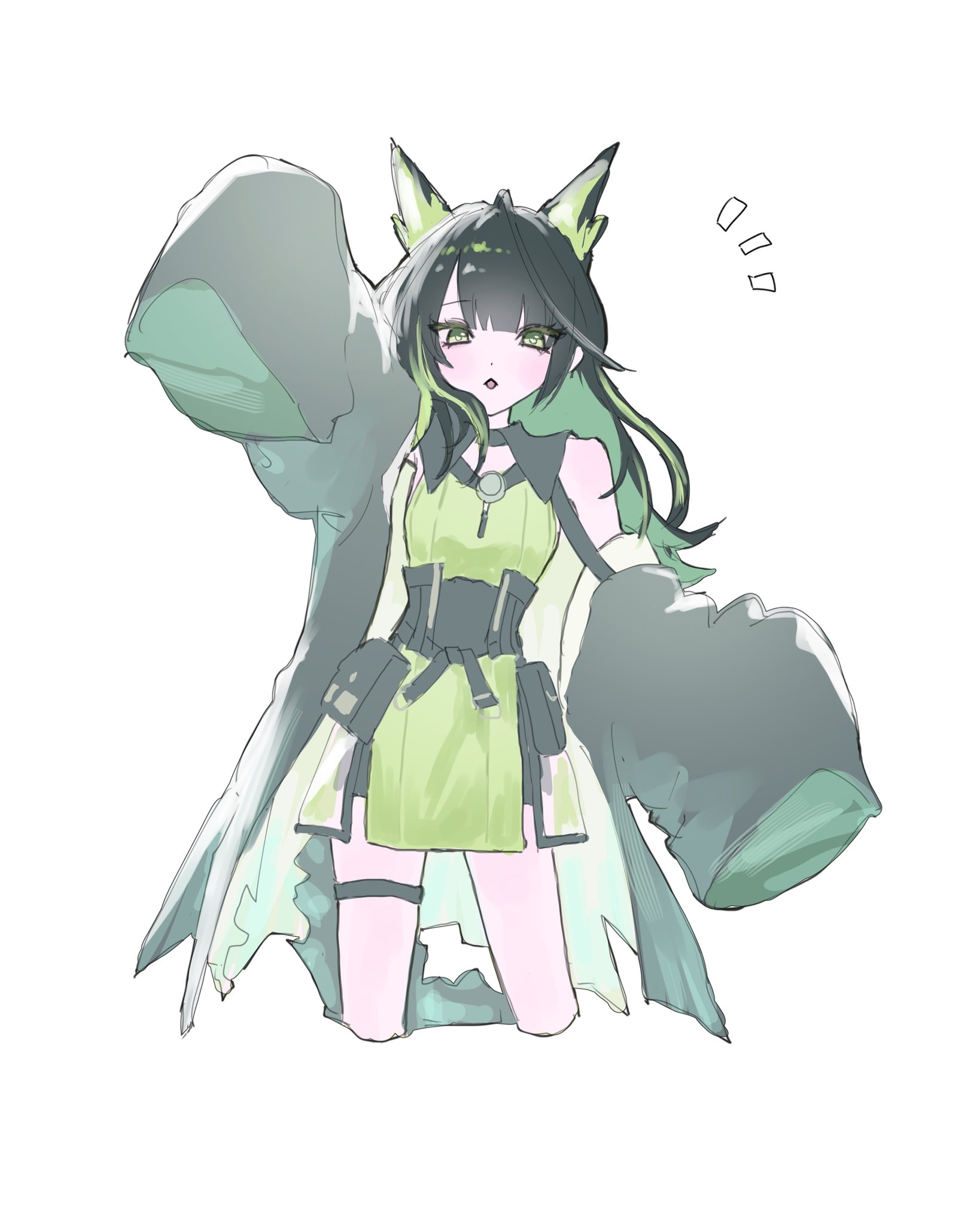 mon3tr (arknights), arknights, commentary, highres, 1girl, ahoge, arm up, bare shoulders, black coat, black hair, blush, coat, colored inner hair, cropped legs, green eyes, green hair, green shirt, huge ahoge, jnkfe, looking at viewer, multicolored hair, notice lines, off shoulder, shirt, simple background, sleeveless, sleeveless shirt, sleeves past fingers, sleeves past wrists, solo, standing, thigh strap, waving, white background