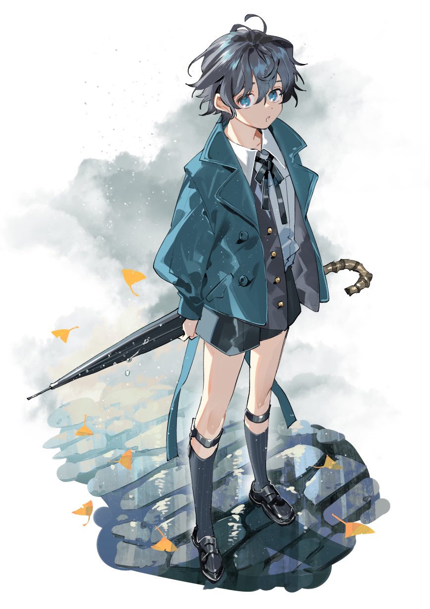 kyouichi, original, highres, 1boy, bishounen, black hair, black jacket, black shorts, blue coat, blue eyes, coat, garter straps, holding, holding umbrella, jacket, looking at viewer, open mouth, rain, shorts, solo, umbrella, white background