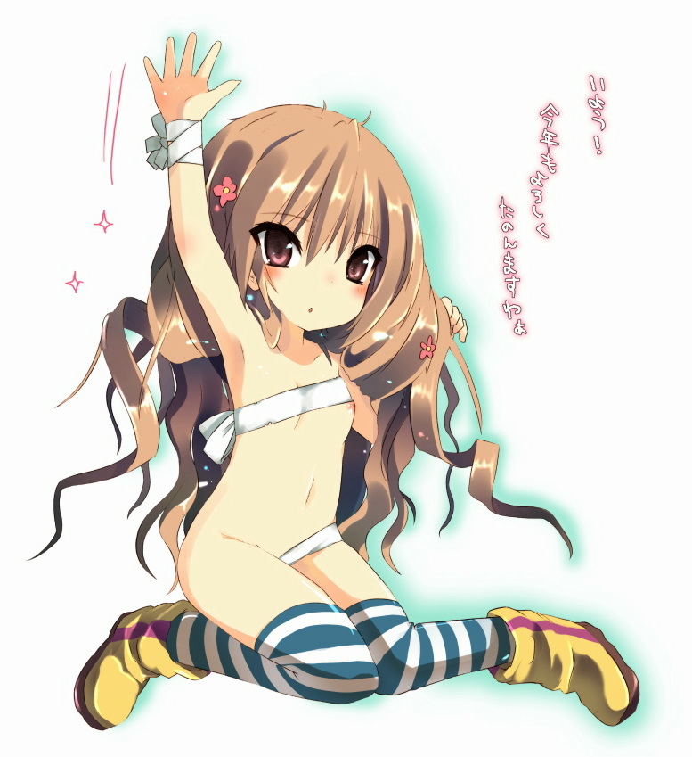 asano shimon, 1girl, bandages, blush, brown hair, female focus, flat chest, long hair, nipple slip, nipples, pink eyes, ribbon, solo, striped clothes, striped thighhighs, thighhighs, waving