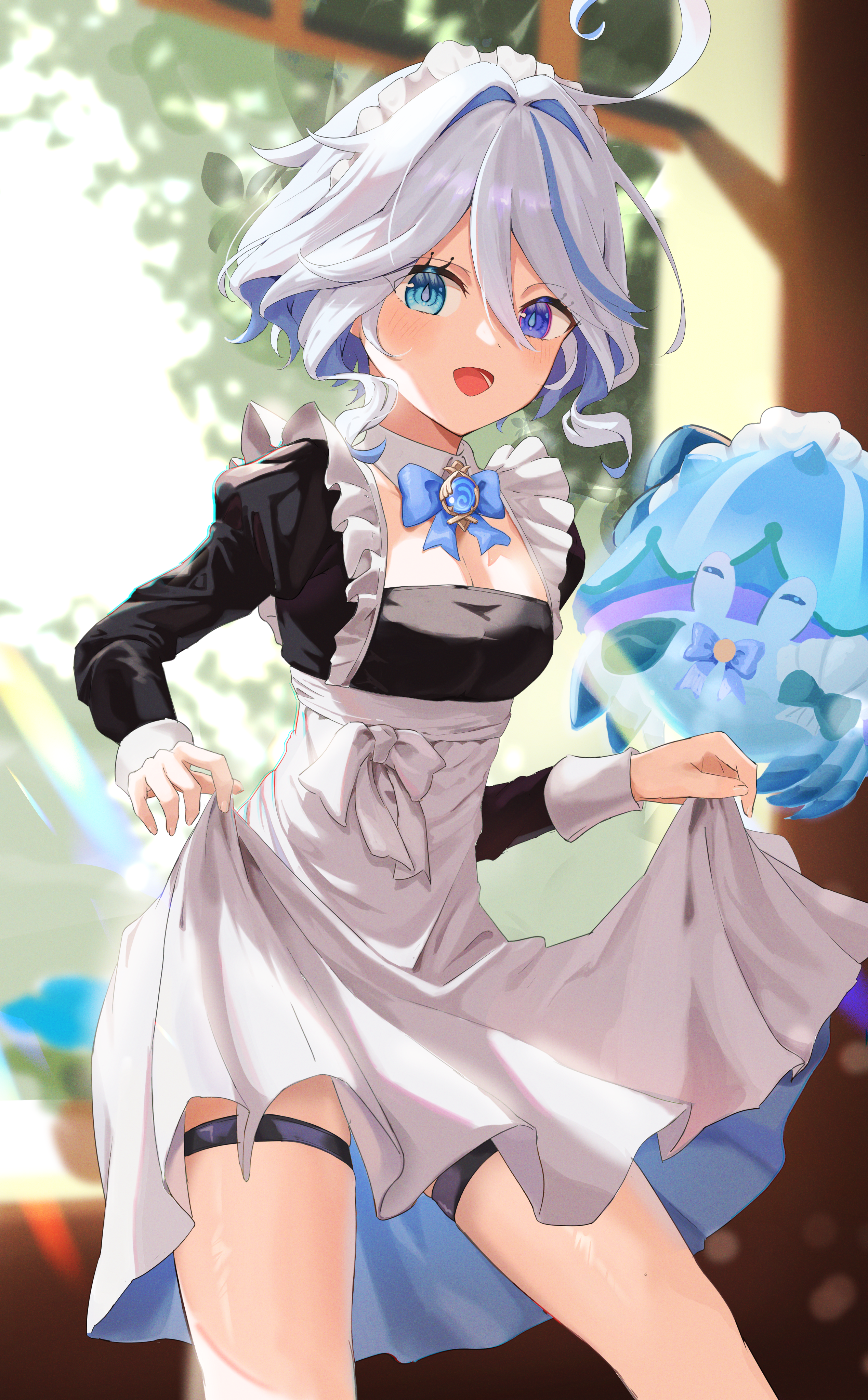 yukineco 0928, furina (genshin impact), mademoiselle crabaletta, genshin impact, absurdres, commentary, highres, 1girl, apron, black dress, blue eyes, blue hair, blush, dress, hair between eyes, heterochromia, long sleeves, looking at viewer, maid, maid apron, maid headdress, medium hair, multicolored hair, open mouth, short hair, smile, solo, streaked hair, symbol-shaped pupils, vision (genshin impact), white apron, white hair