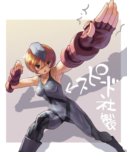 katahira masashi, juni (street fighter), capcom, street fighter, translation request, armpits, blonde hair, blush, boots, brown eyes, fingerless gloves, garrison cap, gloves, hat, leotard, open mouth, red hair, shadow, short hair, solo, spandex, unitard