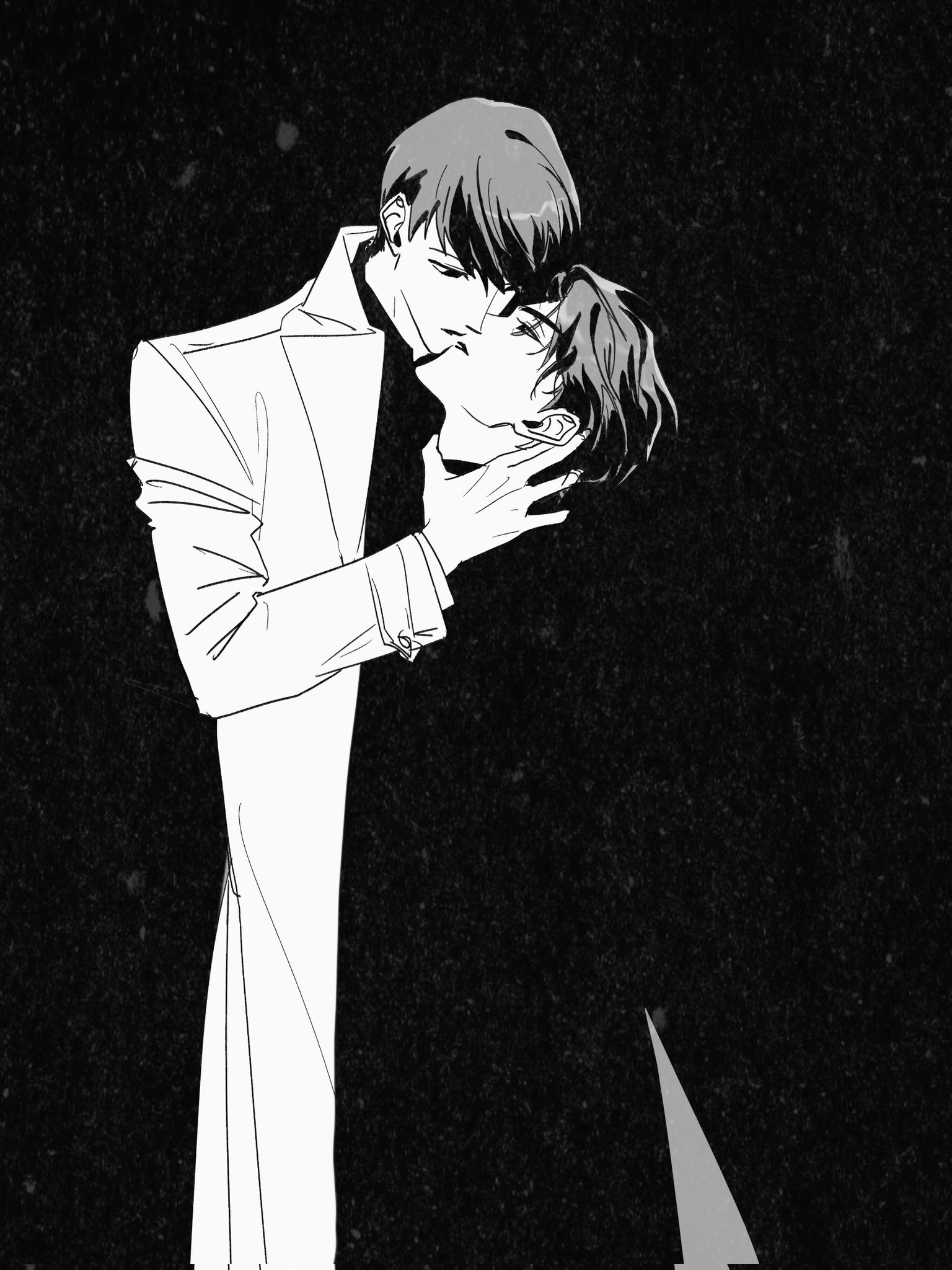 kim dokja, yoo joonghyuk, omniscient reader's viewpoint, highres, 2boys, black coat, black eyes, black hair, black shirt, coat, color contrast, eyesoffyou0003, greyscale, hand on another's neck, kiss, looking at another, male focus, monochrome, multiple boys, open clothes, open coat, popped collar, shirt, short hair, white coat, yaoi