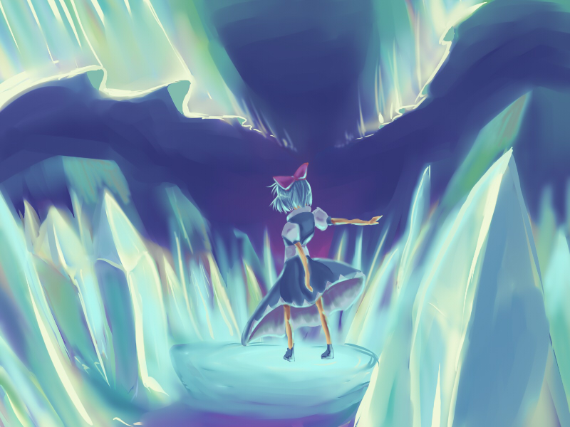 aryus, cirno, touhou, bad id, bad pixiv id, 1girl, aurora, dress, female focus, night, outdoors, sky, solo