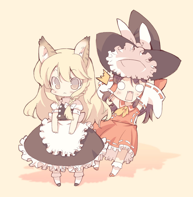 blade (galaxist), hakurei reimu, kirisame marisa, touhou, bad id, bad pixiv id, 2girls, :3, ^^^, animal ears, blonde hair, brown hair, chibi, dress, fall, falling, fangs, female focus, hat, kemonomimi mode, long hair, multiple girls, o o, surprised, unworn hat, unworn headwear, witch, witch hat