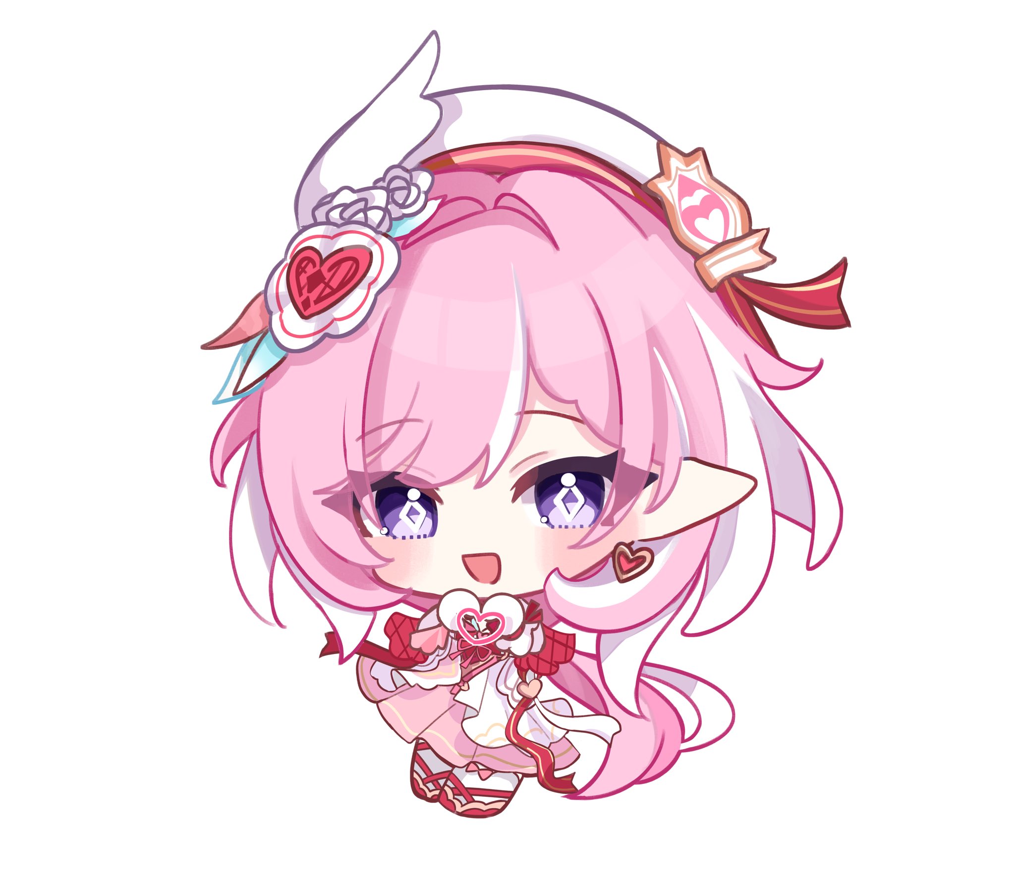 tdatnst, elysia (hi elf of love) (honkai impact), elysia (honkai impact), honkai (series), honkai impact 3rd, commentary, highres, symbol-only commentary, 1girl, beret, chibi, chibi only, diamond-shaped pupils, diamond (shape), dress, earrings, elf, hat, heart, heart earrings, heart hands, jewelry, long hair, multicolored hair, pink dress, pink hair, pointy ears, purple eyes, simple background, smile, solo, symbol-shaped pupils, two-tone dress, two-tone hair, very long hair, white background, white dress, white hair