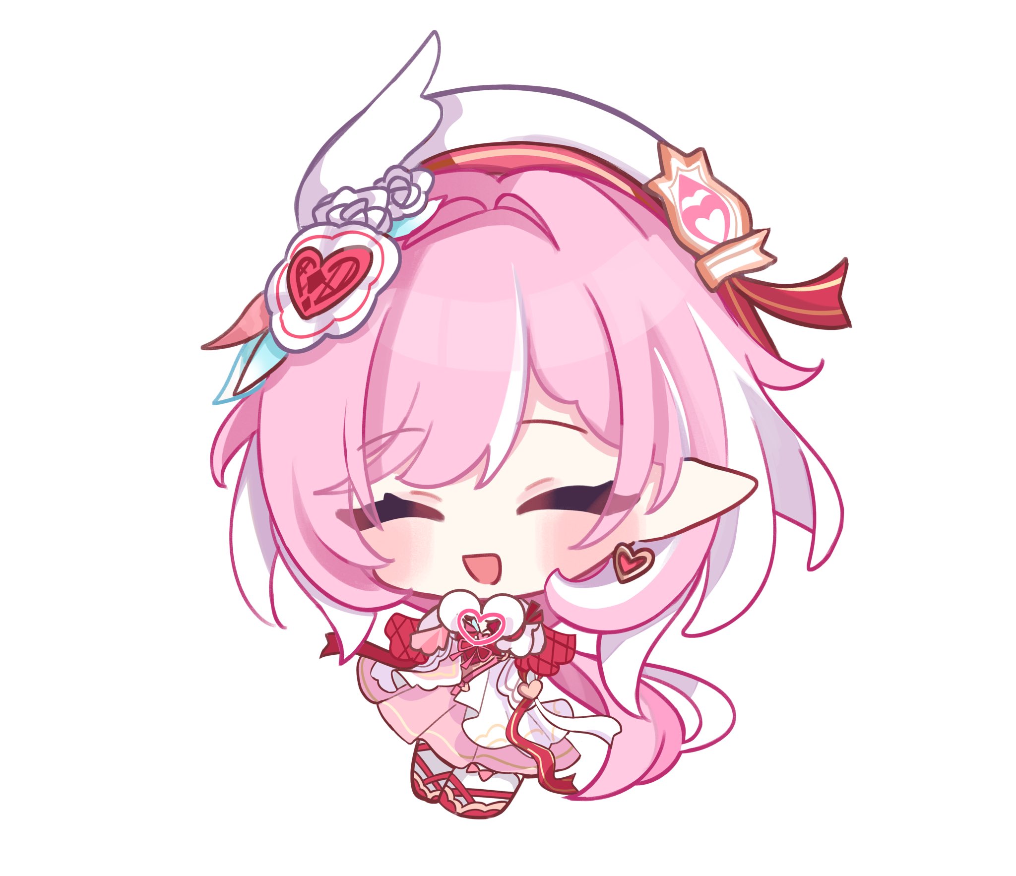tdatnst, elysia (hi elf of love) (honkai impact), elysia (honkai impact), honkai (series), honkai impact 3rd, highres, 1girl, ?soc, beret, chibi, chibi only, dress, earrings, elf, hat, heart, heart earrings, heart hands, jewelry, long hair, multicolored hair, pink dress, pink hair, pointy ears, simple background, smile, solo, two-tone dress, two-tone hair, very long hair, white background, white dress, white hair