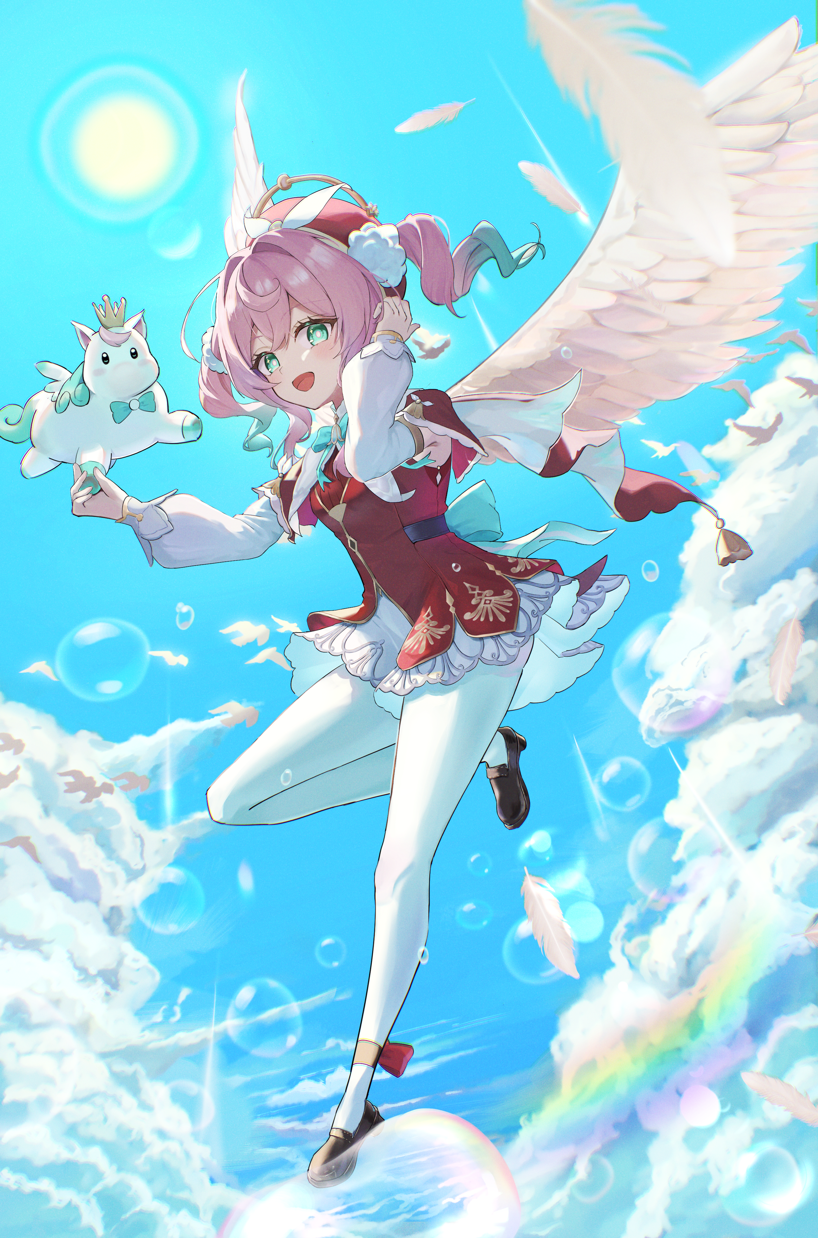 yukineco 0928, hyacine (honkai: star rail), little ica (honkai: star rail), honkai: star rail, honkai (series), absurdres, highres, 1girl, aqua eyes, aqua hair, blue sky, brown shoes, dress, drill hair, gradient hair, hat, high heels, long hair, looking at viewer, multicolored hair, open mouth, pantyhose, pink hair, red dress, red hat, shoes, sky, smile, solo, twintails, two-tone hair, white pantyhose