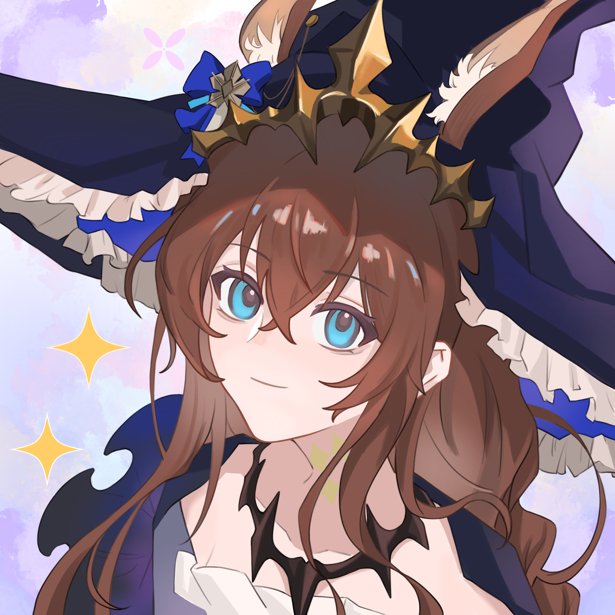 meell, amiya (arknights), amiya (medic) (arknights), amiya (medic) (solo around the world) (arknights), ambience synesthesia, arknights, chinese commentary, commentary request, highres, 1girl, animal ears, black cape, black hat, blue bow, blue eyes, blue hat, bow, brown hair, cape, closed mouth, crossed bangs, ears through headwear, frilled hat, frills, hair between eyes, hat, light smile, long hair, looking at viewer, portrait, solo, sparkle, two-sided fabric, two-sided headwear, witch hat