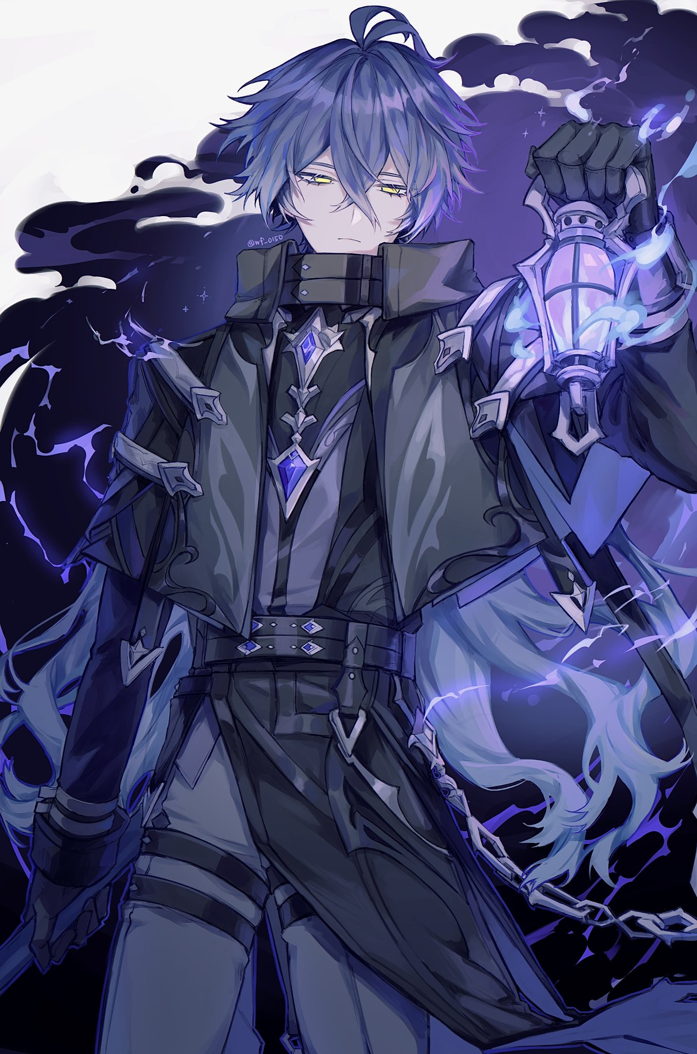 flins (genshin impact), genshin impact, highres, 1boy, antenna hair, arm up, belt, black belt, black coat, black gloves, black jacket, blue hair, coat, collared jacket, crossed bangs, empty eyes, eyelashes, feet out of frame, fire, gloves, grey pants, high collar, jacket, long hair, long sleeves, looking down, male focus, pants, purple fire, solo, standing, thigh belt, thigh strap, very long hair, wf 0150, white background, yellow eyes