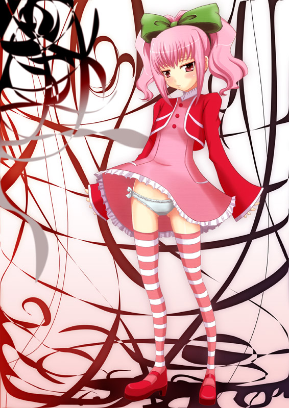 yotsuha (little squash), anya alstreim, code geass, bad id, bad pixiv id, 00s, 1girl, blush, female focus, panties, pink hair, red eyes, ribbon, solo, striped clothes, striped thighhighs, thighhighs, underwear