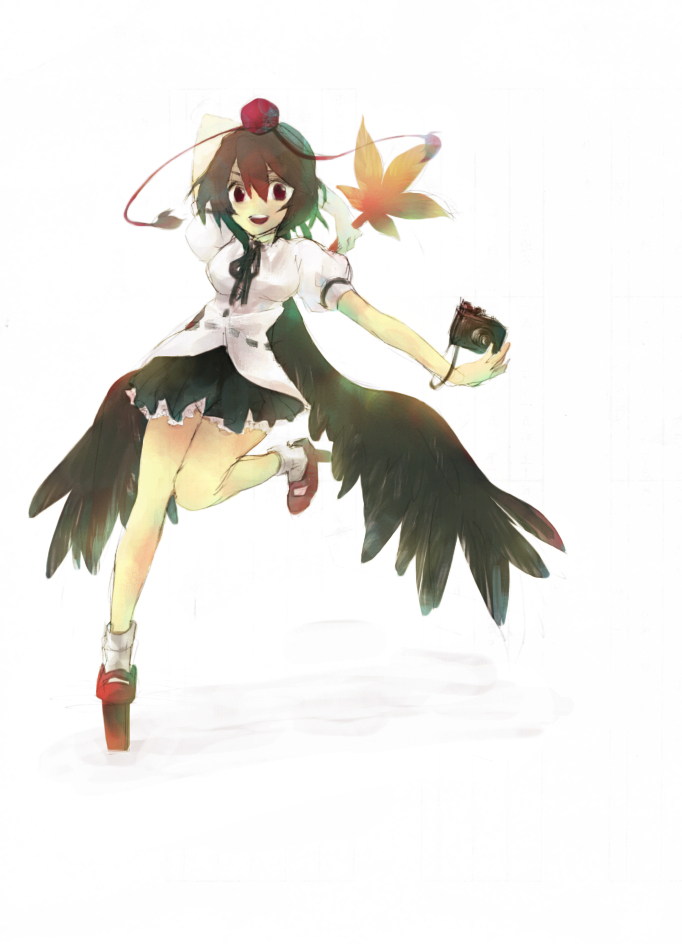ikeda ruriko, shaku, shameimaru aya, touhou, bad id, bad pixiv id, 1girl, black hair, black wings, camera, female focus, full body, geta, hat, short hair, solo, tengu-geta, wings