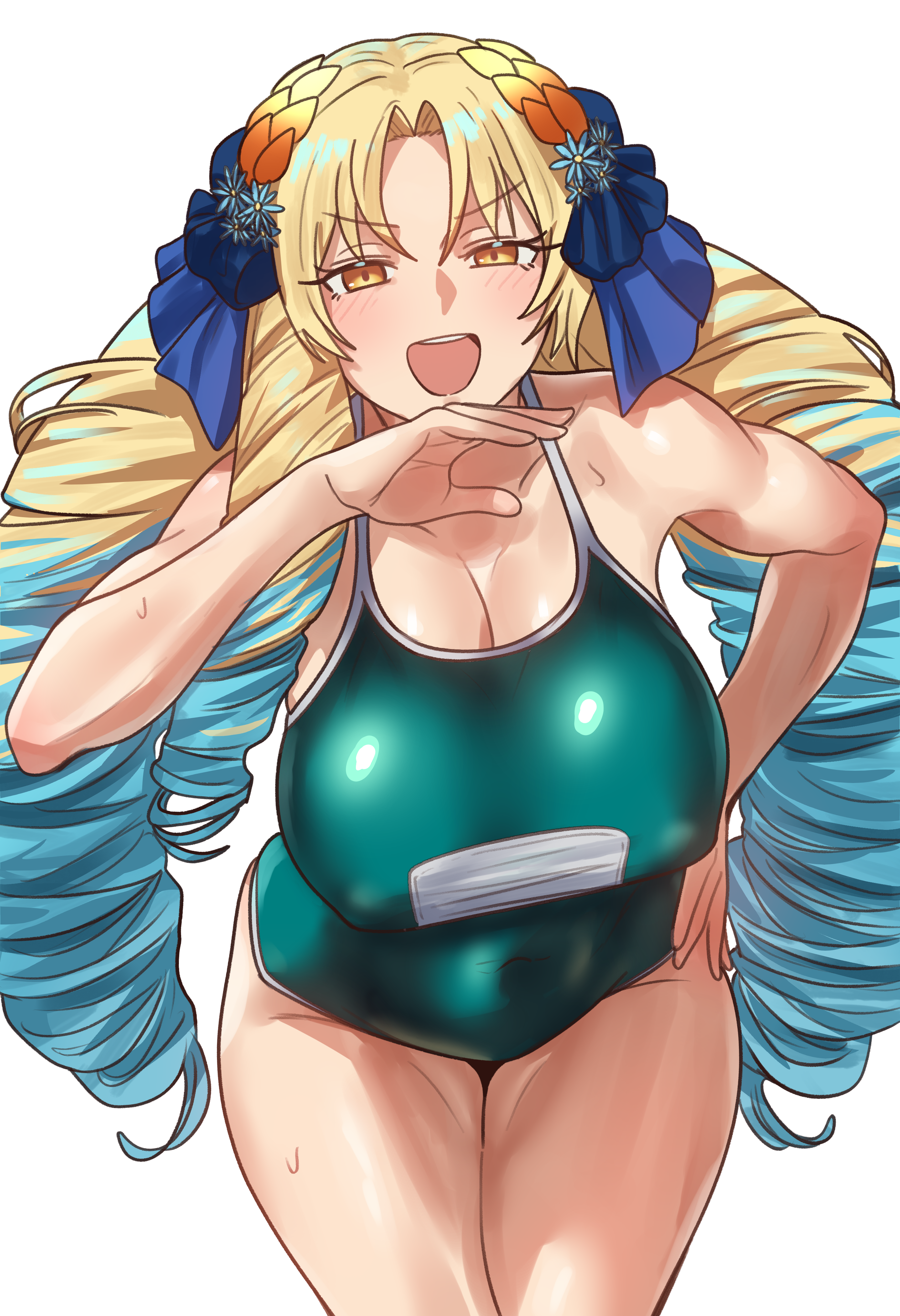 ebora, astraea (fate), fate/grand order, fate (series), absurdres, highres, 1girl, bare shoulders, blonde hair, blue hair, blue ribbon, blush, breasts, cleavage, covered erect nipples, covered navel, drill hair, flower, gradient hair, green one-piece swimsuit, hair flower, hair ornament, hair ribbon, large breasts, leaning forward, long hair, looking at viewer, multicolored hair, one-piece swimsuit, open mouth, parted bangs, quad drills, ribbon, smile, solo, swimsuit, thighs, very long hair, yellow eyes