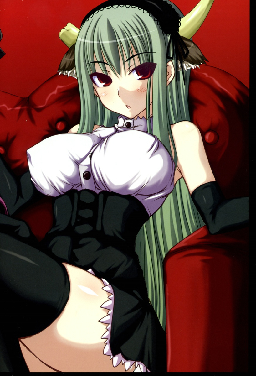jema, ex-keine, kamishirasawa keine, touhou, highres, 1girl, alternate costume, breasts, broken horn, buttons, female focus, green hair, horns, large breasts, red eyes, solo, thighhighs, thighs