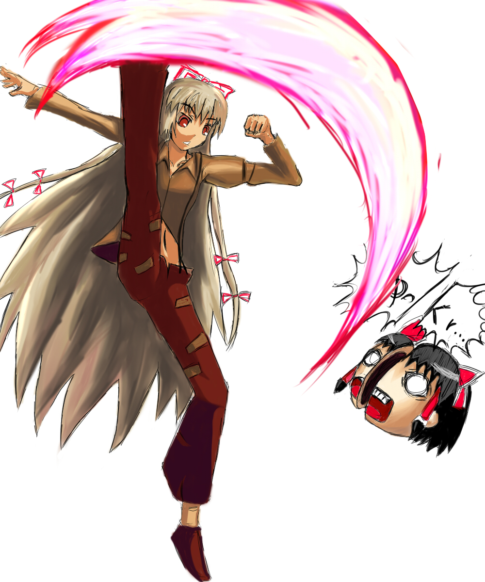 dateya torahachi, fujiwara no mokou, hakurei reimu, rugal bernstein, yukkuri reimu, snk, the king of fighters, touhou, highres, 1girl, female focus, genocide cutter, hair ribbon, kicking, long hair, midriff, parody, red eyes, ribbon, simple background, solo, white hair, yukkuri shiteitte ne