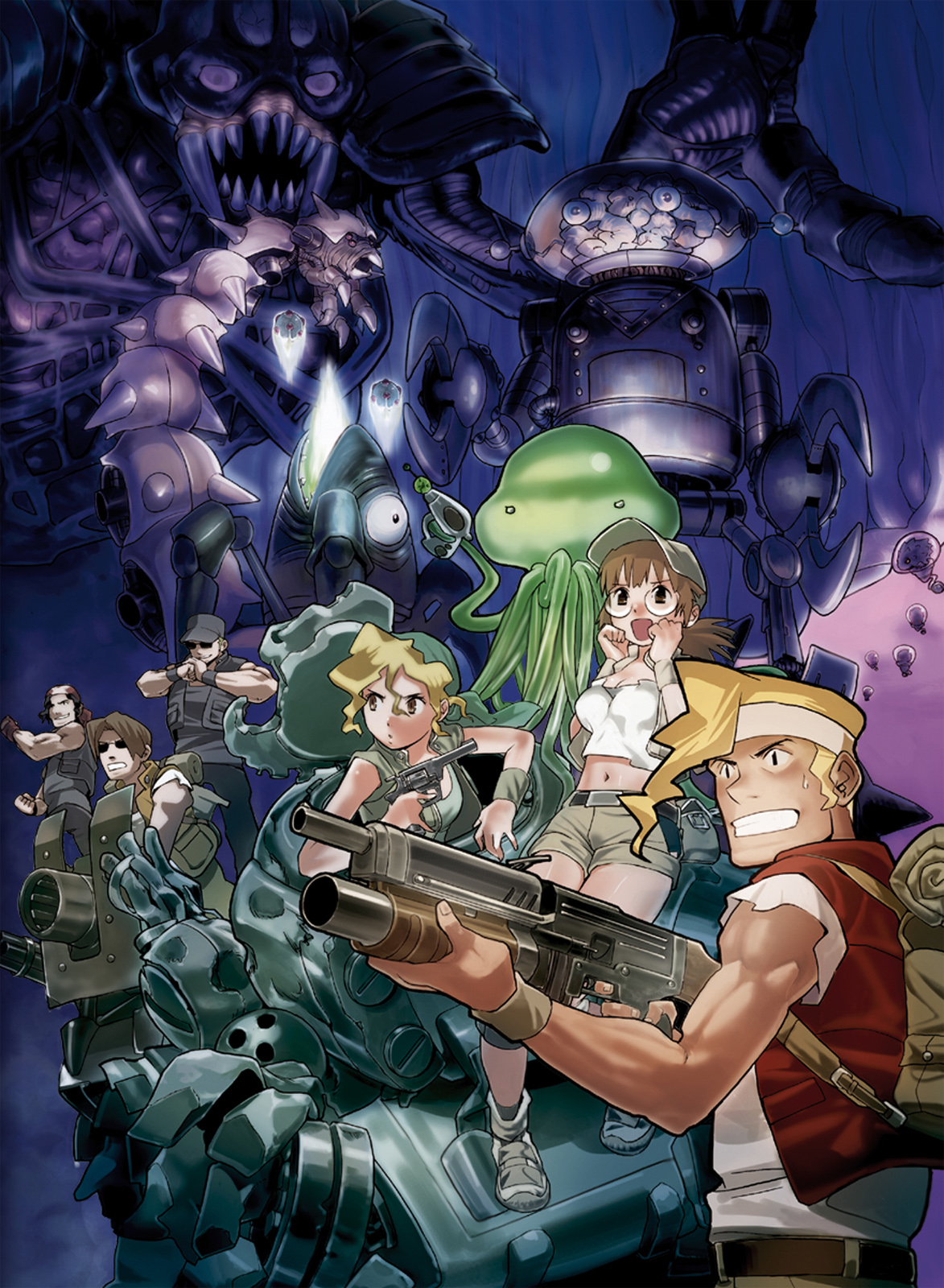 senno aki, clark still, fio germi, kasamoto eri, marco rossi, mars people, ralf jones, tarma roving, metal slug, metal slug 6, snk, highres, official art, 2girls, 4boys, alien, bag, everyone, glasses, gun, headband, midriff, multiple boys, multiple girls, ponytail, sunglasses, sv001 (metal slug), weapon