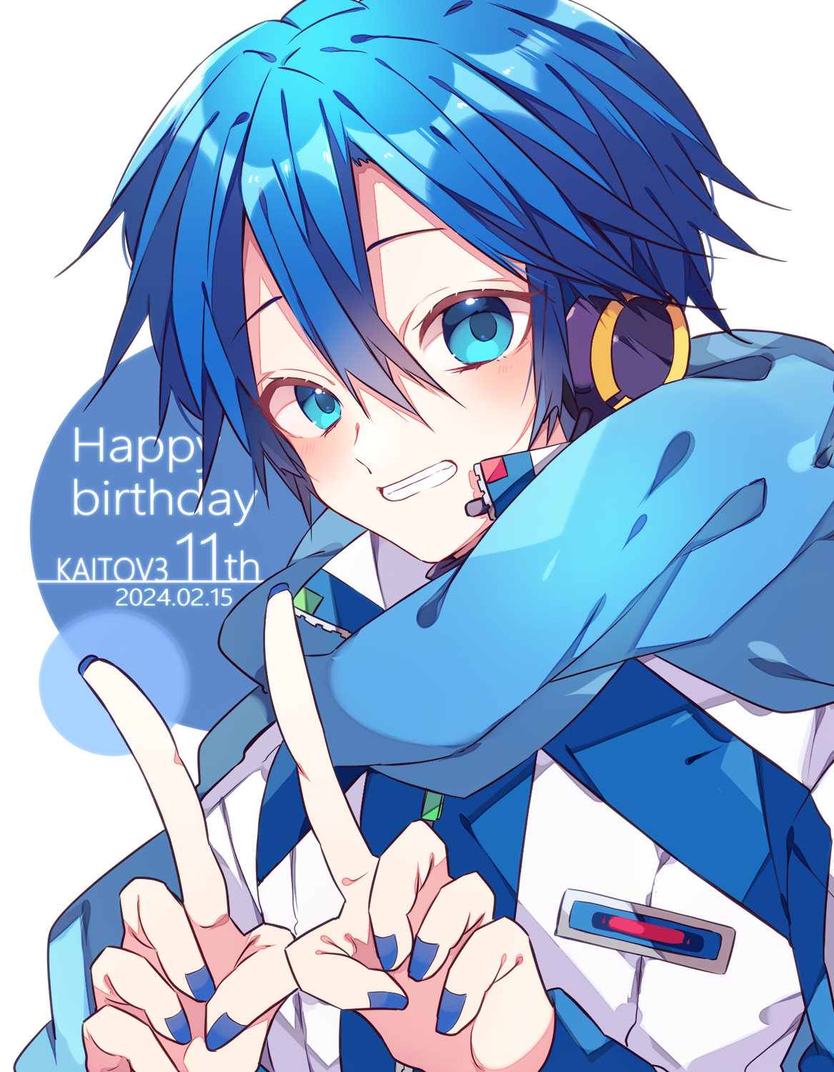 kaho 0102, kaito (vocaloid), vocaloid, commentary request, highres, 1boy, blue hair, blue nails, blue scarf, character name, dated, double-parted bangs, finger counting, grin, hair between eyes, happy birthday, headphones, index fingers raised, long sleeves, looking at viewer, male focus, nail polish, scarf, shirt, short hair, smile, solo, upper body, white shirt