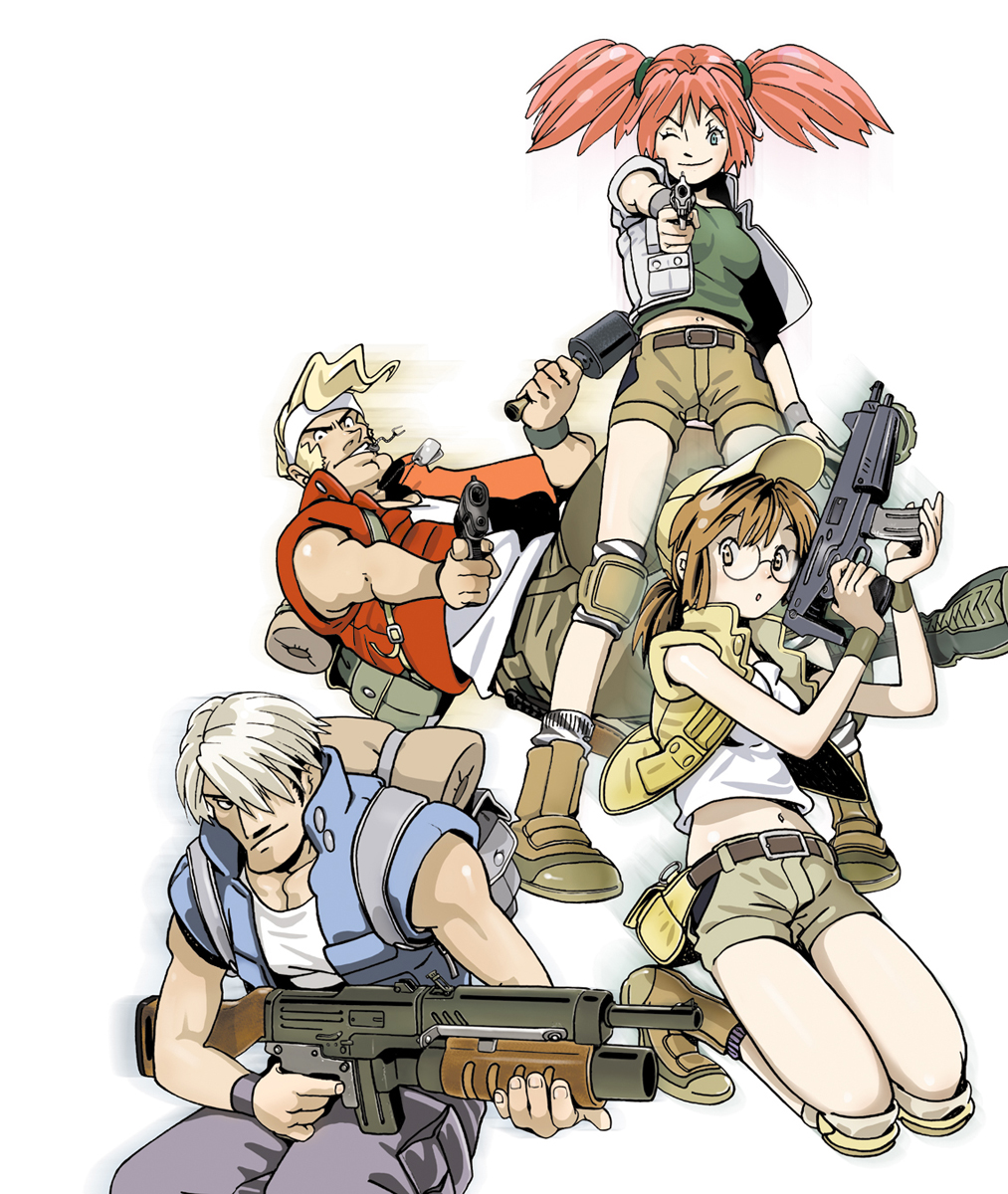 senno aki, fio germi, marco rossi, nadia cassel, trevor spacey, metal slug, metal slug 4, snk, silver hair, highres, official art, 2boys, 2girls, belt, blonde hair, boots, brown eyes, brown hair, explosive, glasses, green eyes, grenade, grenade launcher, gun, hair over one eye, handgun, knee pads, kneeling, machine gun, midriff, multiple boys, multiple girls, navel, pink hair, short shorts, shorts, twintails, underbarrel grenade launcher, vest, weapon