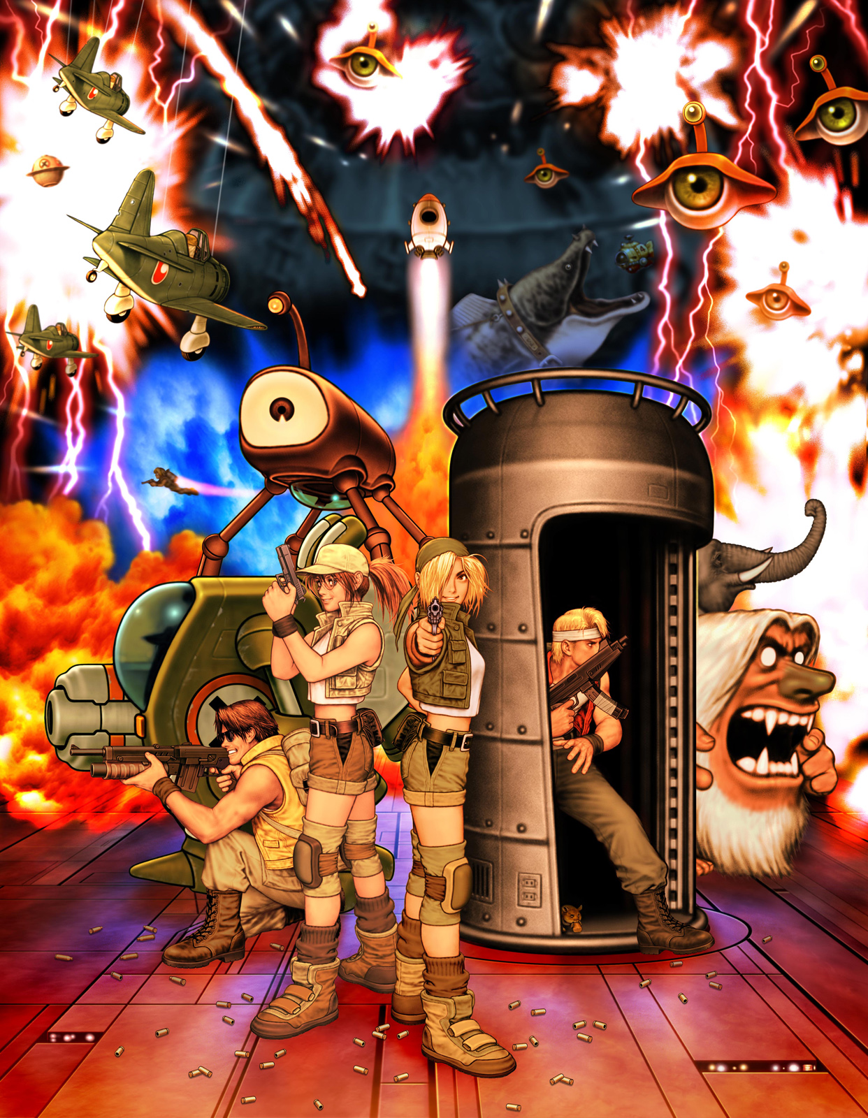 mori toshiaki, fio germi, kasamoto eri, marco rossi, tarma roving, metal slug, metal slug 3, snk, highres, 2boys, 2girls, alien, blonde hair, boots, brown hair, elephant, glasses, gun, h&k mp5k, hat, headband, midriff, multiple boys, multiple girls, ponytail, realistic, robot, rocket, science fiction, short shorts, shorts, spacecraft, weapon